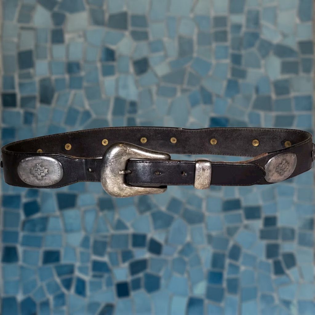 Vintage VINTAGE Another Line Inc Black Leather Western Waist Belt Metal Medallion Accents Cross Belt Women 36" Length Size ONE SIZE - 1 Thumbnail