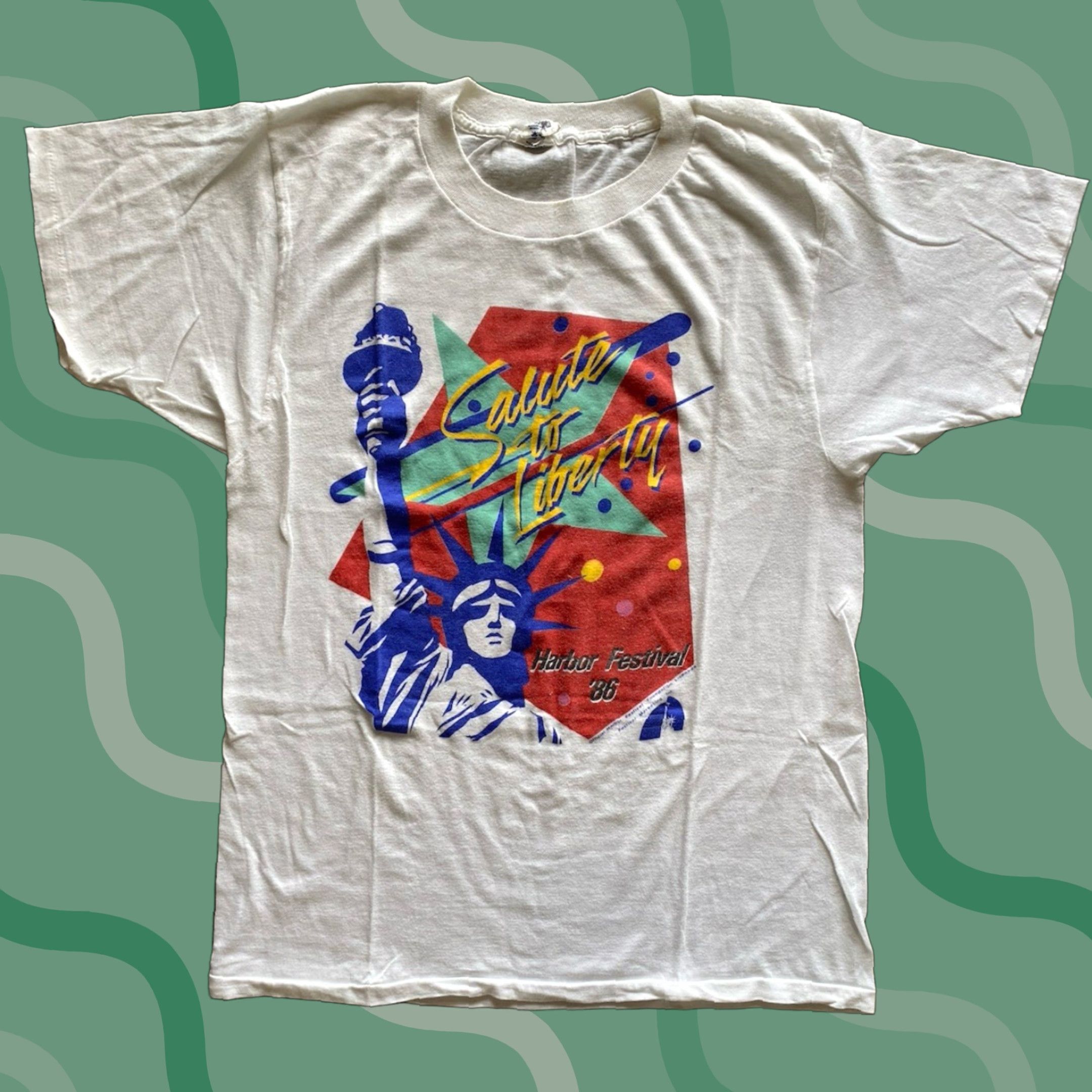 VINTAGE America 80s T-Shirt Salute to Liberty Harbor Festival 1986 White XL Men Shirt