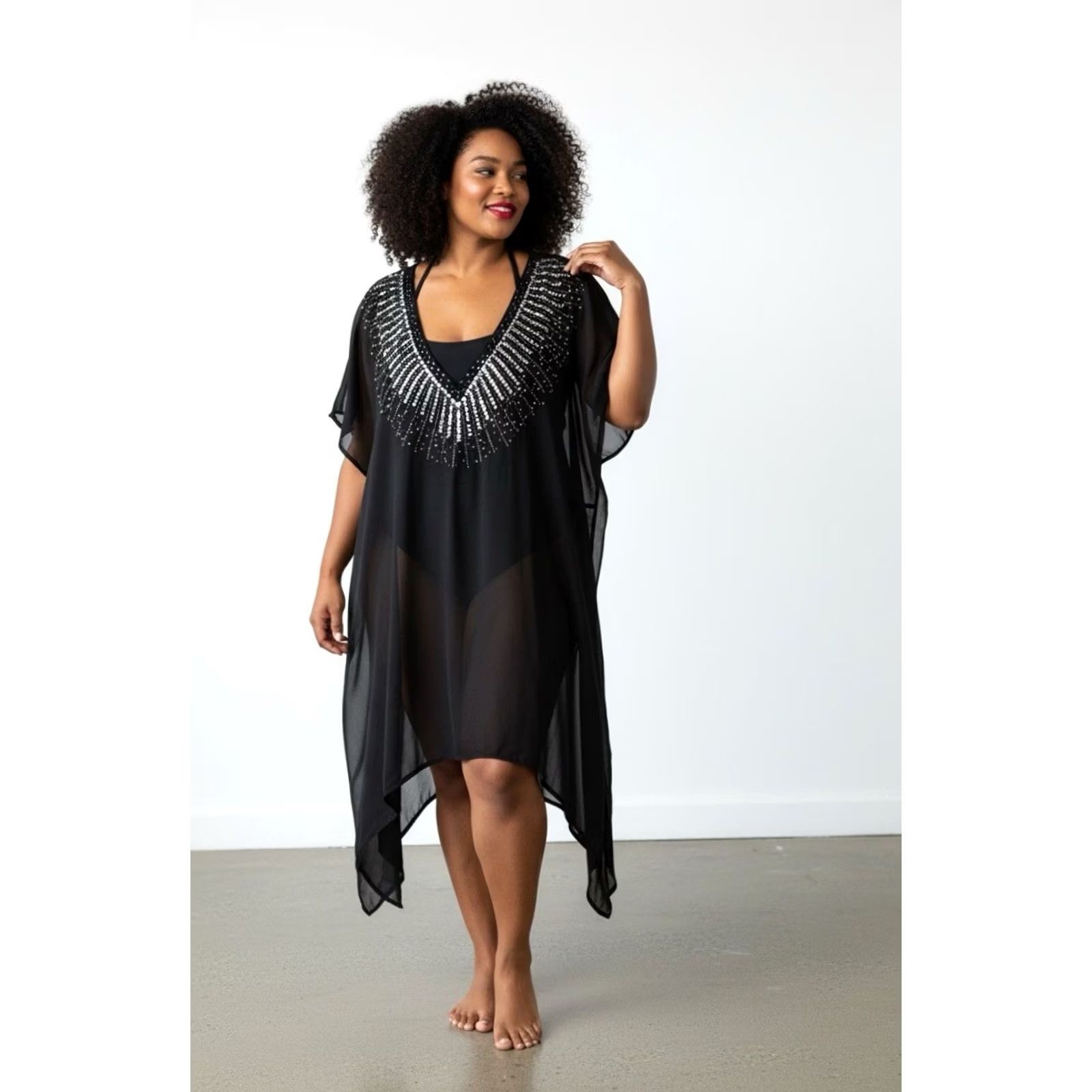 Vintage Roaman's Swim Women Black Sheer Beaded V-Neck Beach Cover-Up Tunic Dress 4XL Plus Size 4X Black Beaded Sheer Boho Beach Layering Womens Size XXL / US 16-18 / IT 52-54 - 2 Thumbnail