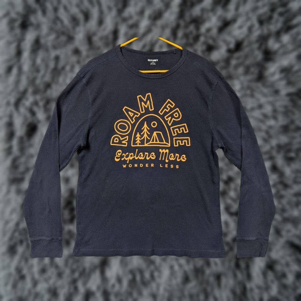 Old Navy Old Navy Thermal Shirt XL Roam Free Explore More Wonder Less Waffle Knit Mens Long Sleeve Graphic Crew Neck Navy Blue Size US XL / EU 56 / 4 - 1 Thumbnail