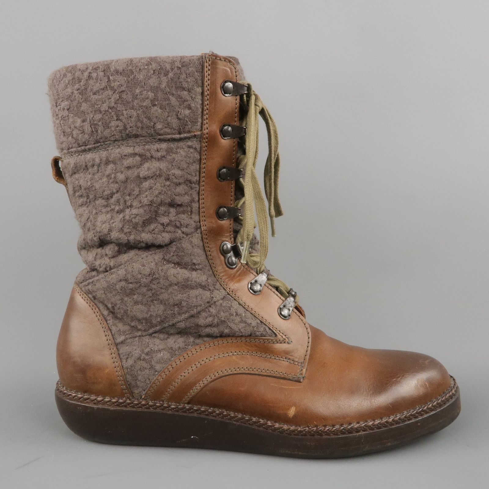 Lanvin Size 7 Brown Leather & Textured Lace Mid Calf Combat Boots Size US 7 / EU 40 - 1 Thumbnail