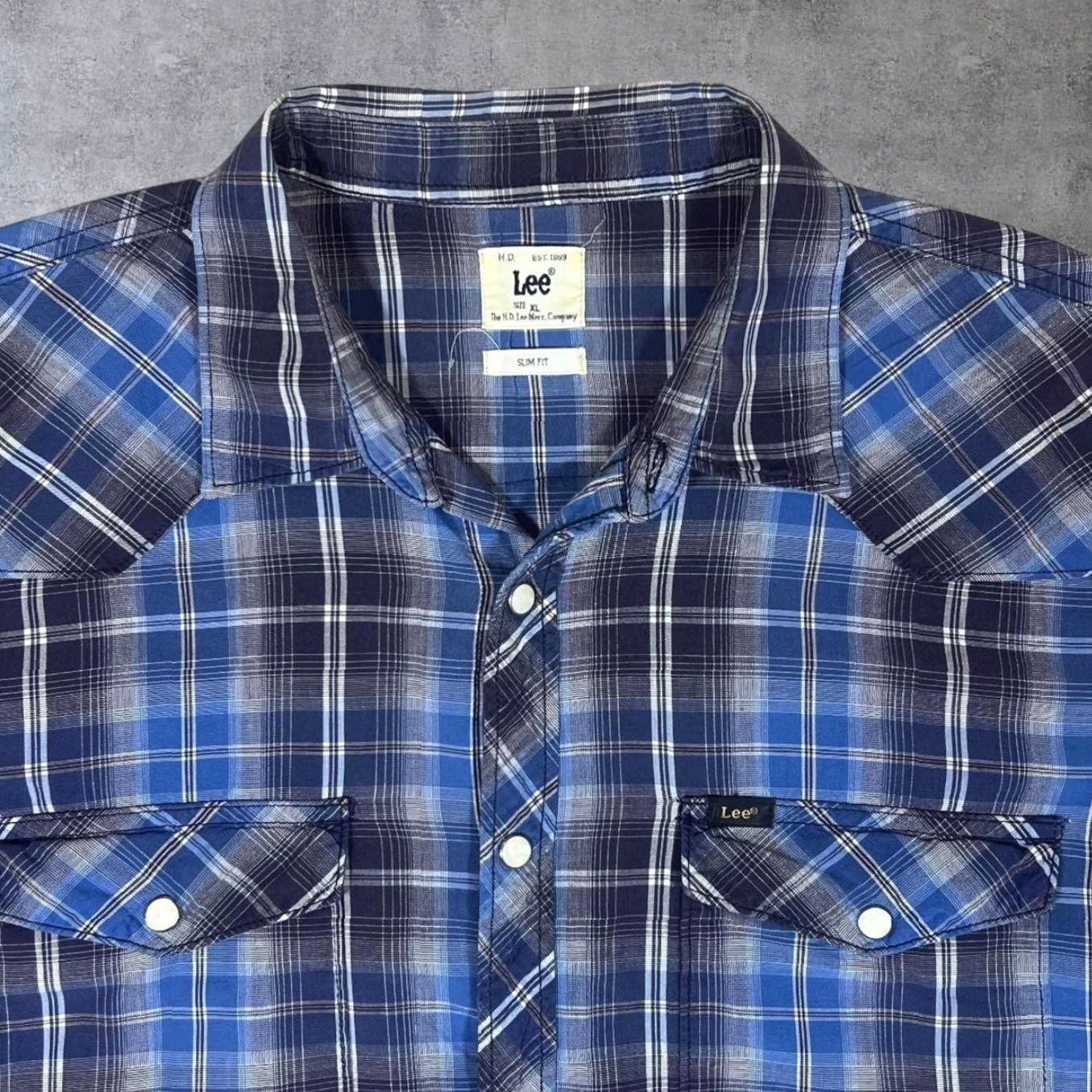 Lee Lee Slim Fit Western Plaid Check Popper Button Long Sleeve Cotton Shirt XL Men Blue Button-Up Shirt 100% Cotton Slimming contrived Size US XL / EU 56 / 4 - 3 Thumbnail