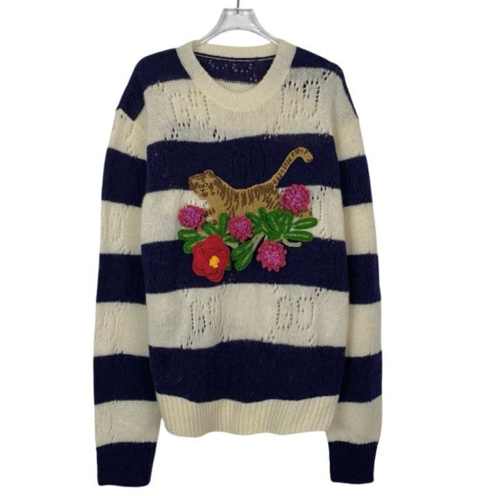 Gucci Gucci Tiger Embroidered Navy & Cream Striped Knit Sweater Size XL / US 12-14 / IT 48-50 - 1 Thumbnail