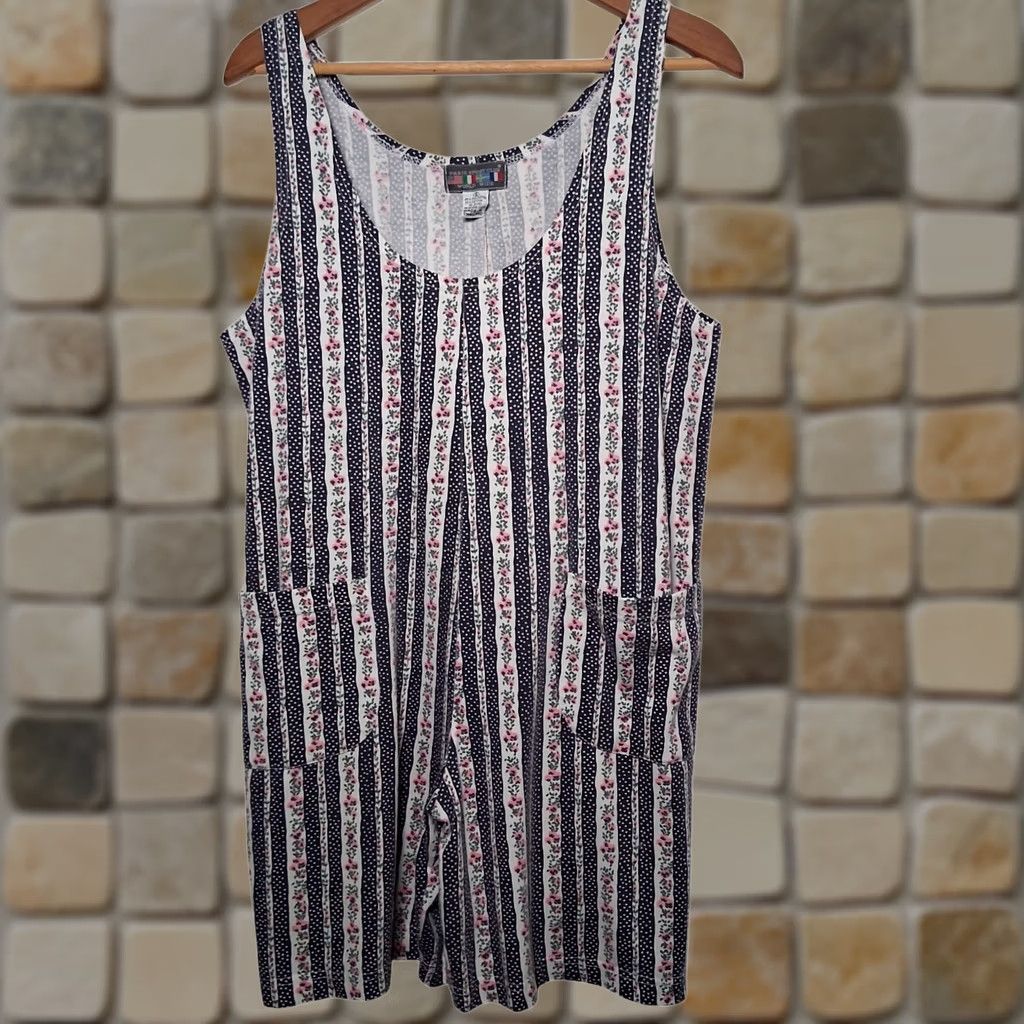 Vintage VINTAGE Paris Sport Club Romper Blue S Polka Dot Striped Pink Floral 1990s Size 28" / US 6 / IT 42 - 1 Thumbnail