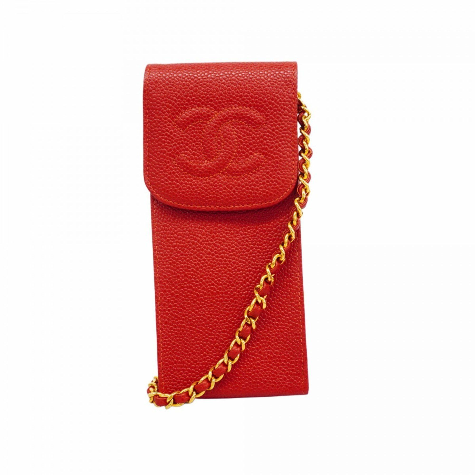 Chanel Shoulder Bag Chain Caviar Skin Red Women's