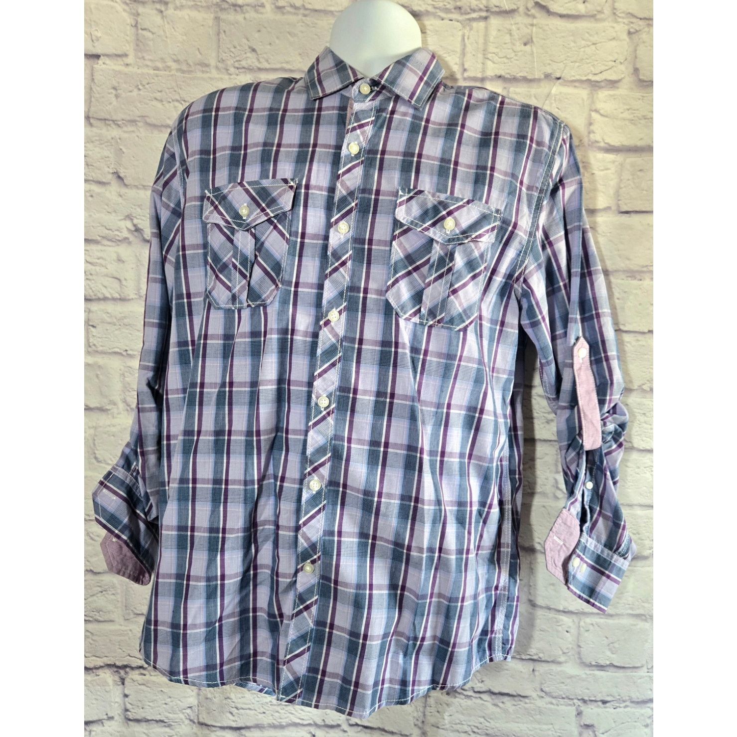 Other Michael Brand Purple Blue Plaid Roll Tab Button Shirt M Size US M / EU 48-50 / 2 - 1 Thumbnail