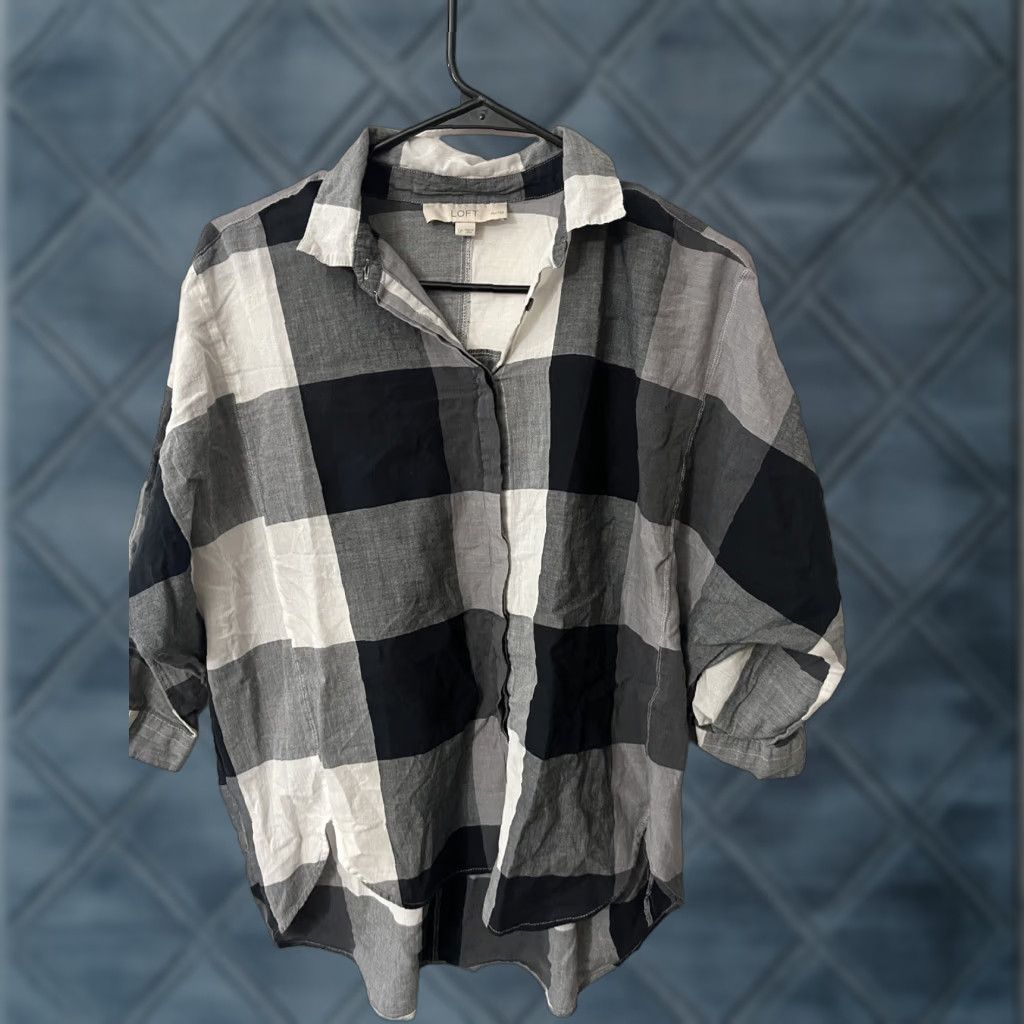 Loft VINTAGE LOFT Plaid Gingham Blouse Shirt Women Large Petite Black White 3/4 Sleeve Cotton Size L / US 10 / IT 46 - 1 Thumbnail