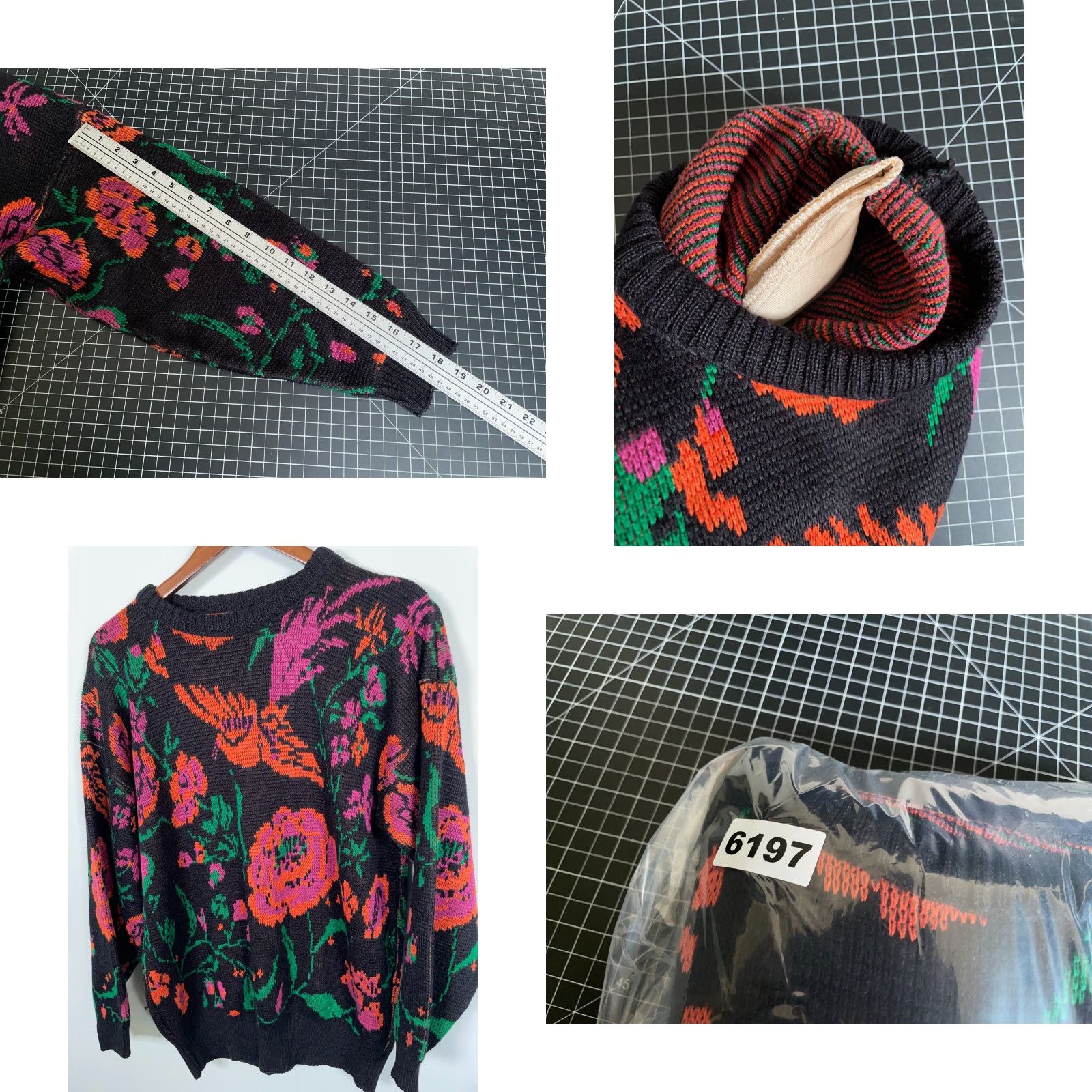 Pinko VINTAGE 90s Floral Knit Sweater Women’s Large Black Pink Birds Intarsia Pullover with Shoulder Pads Size L / US 10 / IT 46 - 8 Thumbnail