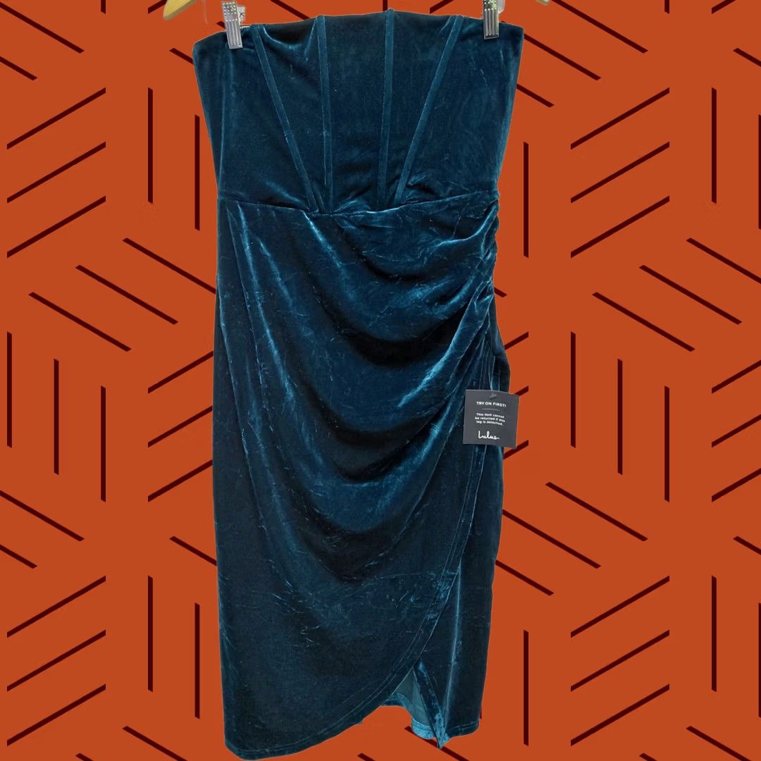 Lulus Lulus Teal Velvet Strapless Dress Sleeveless Knee Length M Solid Dress Formal Party Cocktail Womens Size M / US 6-8 / IT 42-44 - 1 Thumbnail