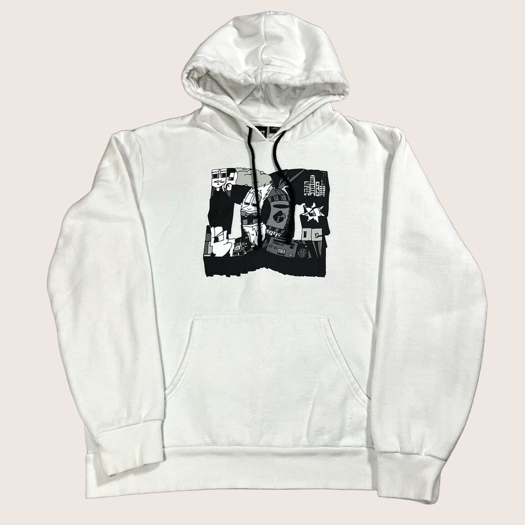 DC Shoes Hoodie Mens Medium White Graphic Vintage Y2K Skater Grunge Graphic Print Hoodie Mens White 90s DC Shoes