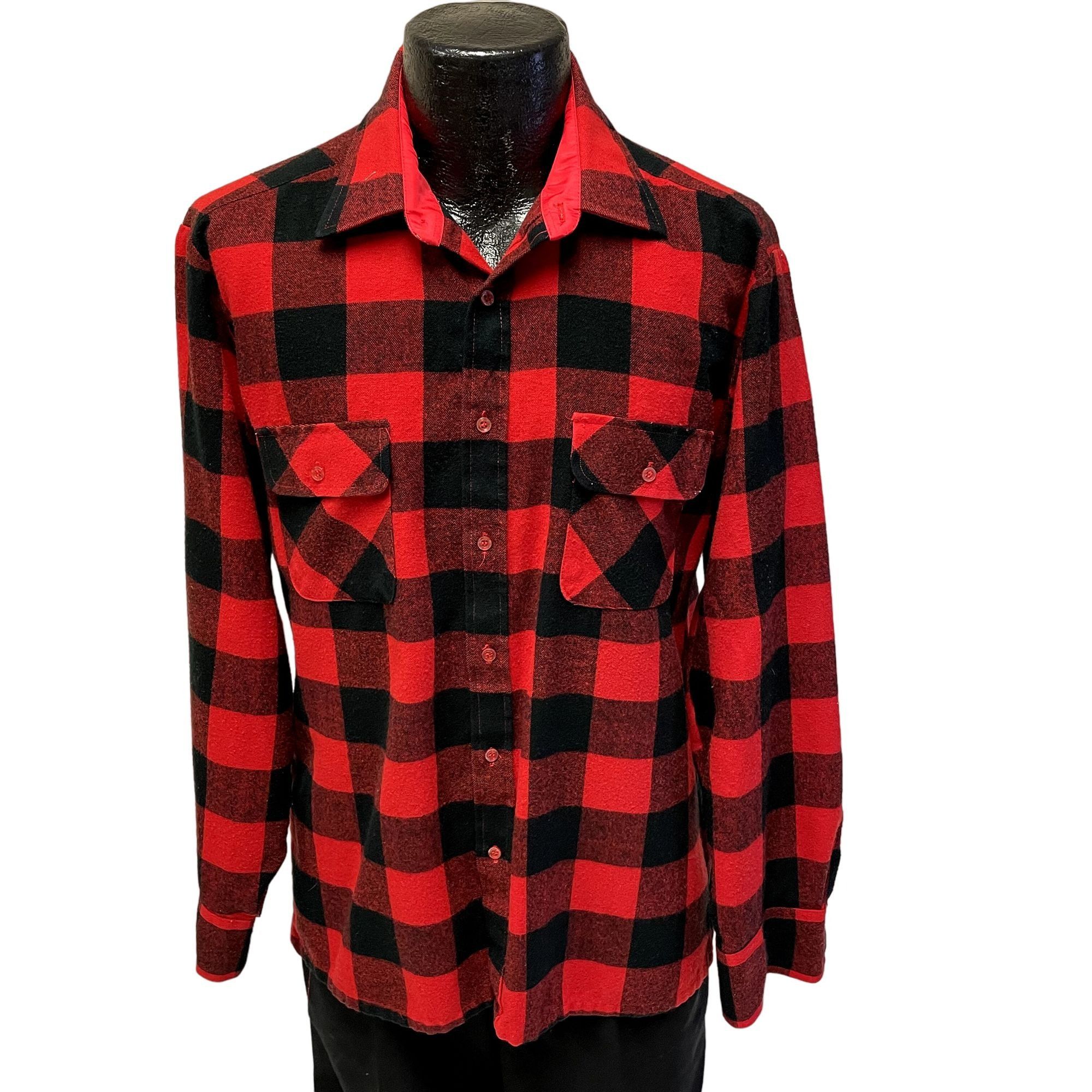 70’s Red Black BUFFALO Plaid FLANNEL Hunting Work Shirt L