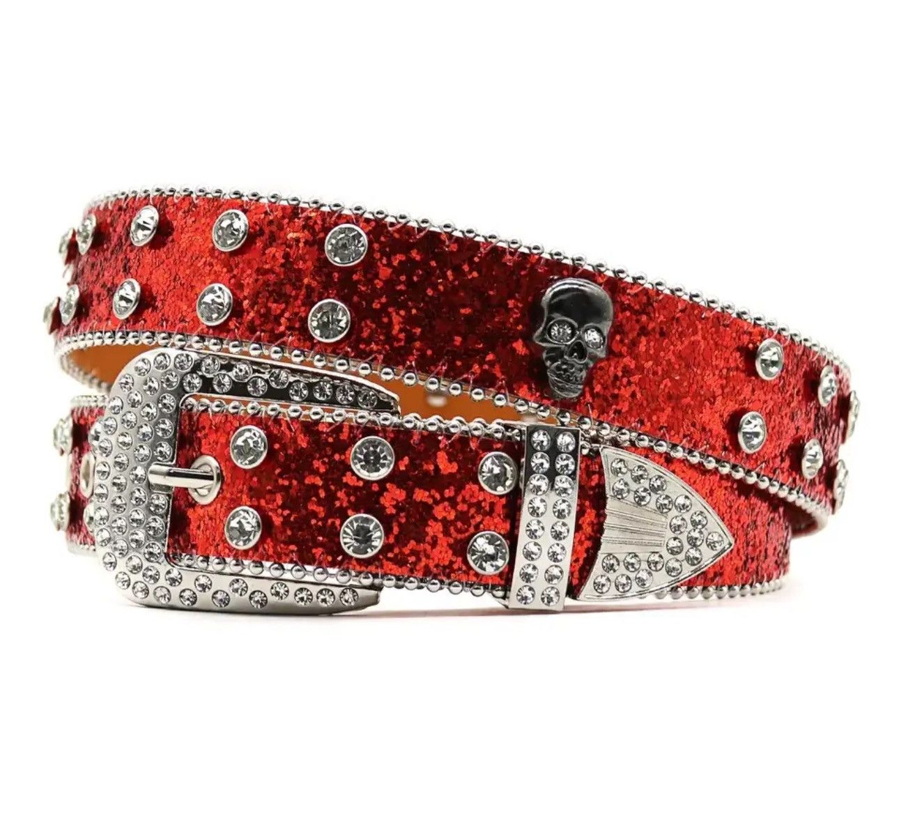 Leather Red Color Rhinestone Studded PU Leather Belt Size ONE SIZE - 3 Thumbnail