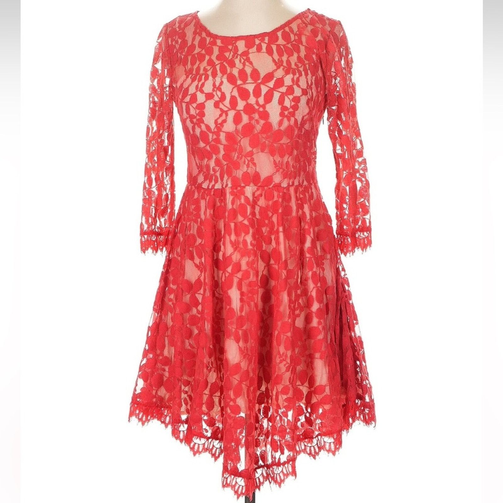 Free People Free People Vibrant Red Lace Long Sleeve Dress Size S / US 4 / IT 40 - 1 Thumbnail