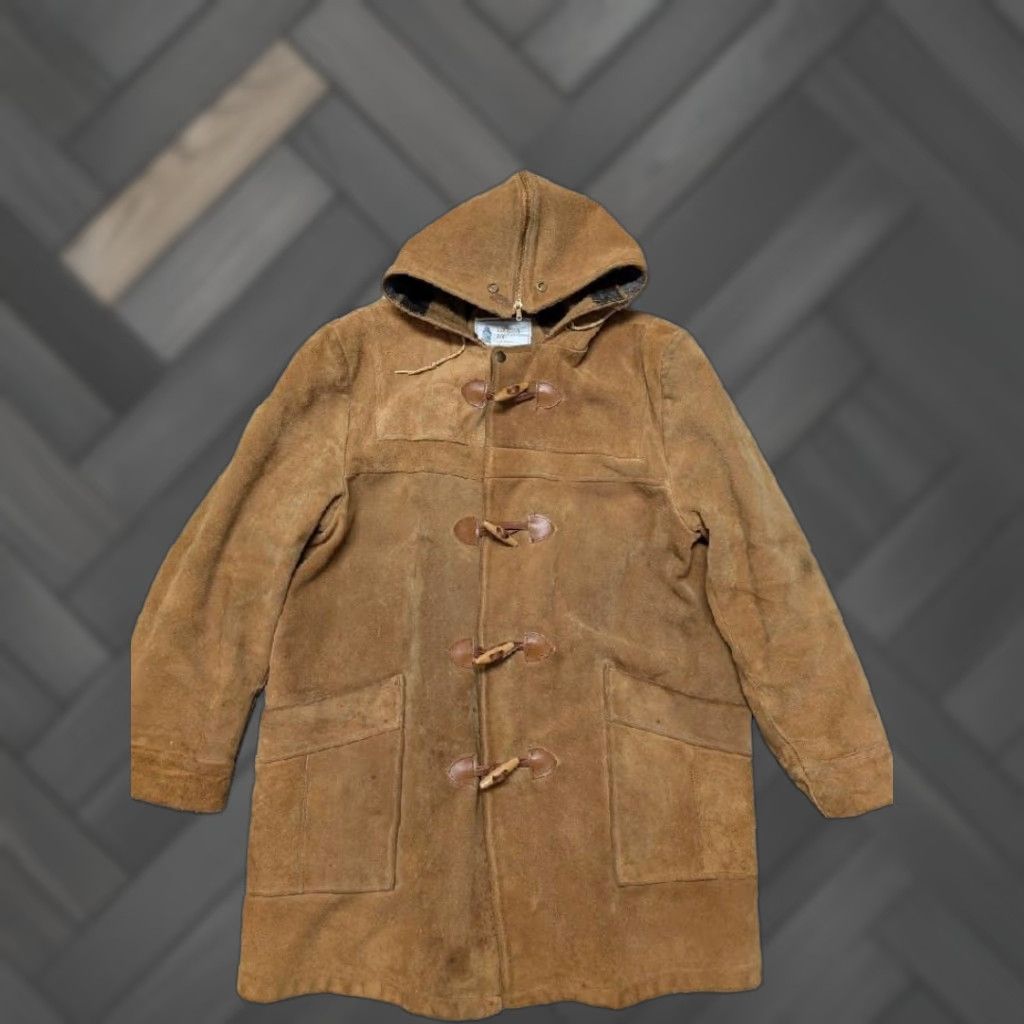 London Fog VINTAGE London Fog Duffle Coat Leather Cowhide Split-Suede 42 Brown Hooded Wool Lined M Mens Coat Jacket Size US M / EU 48-50 / 2 - 1 Thumbnail