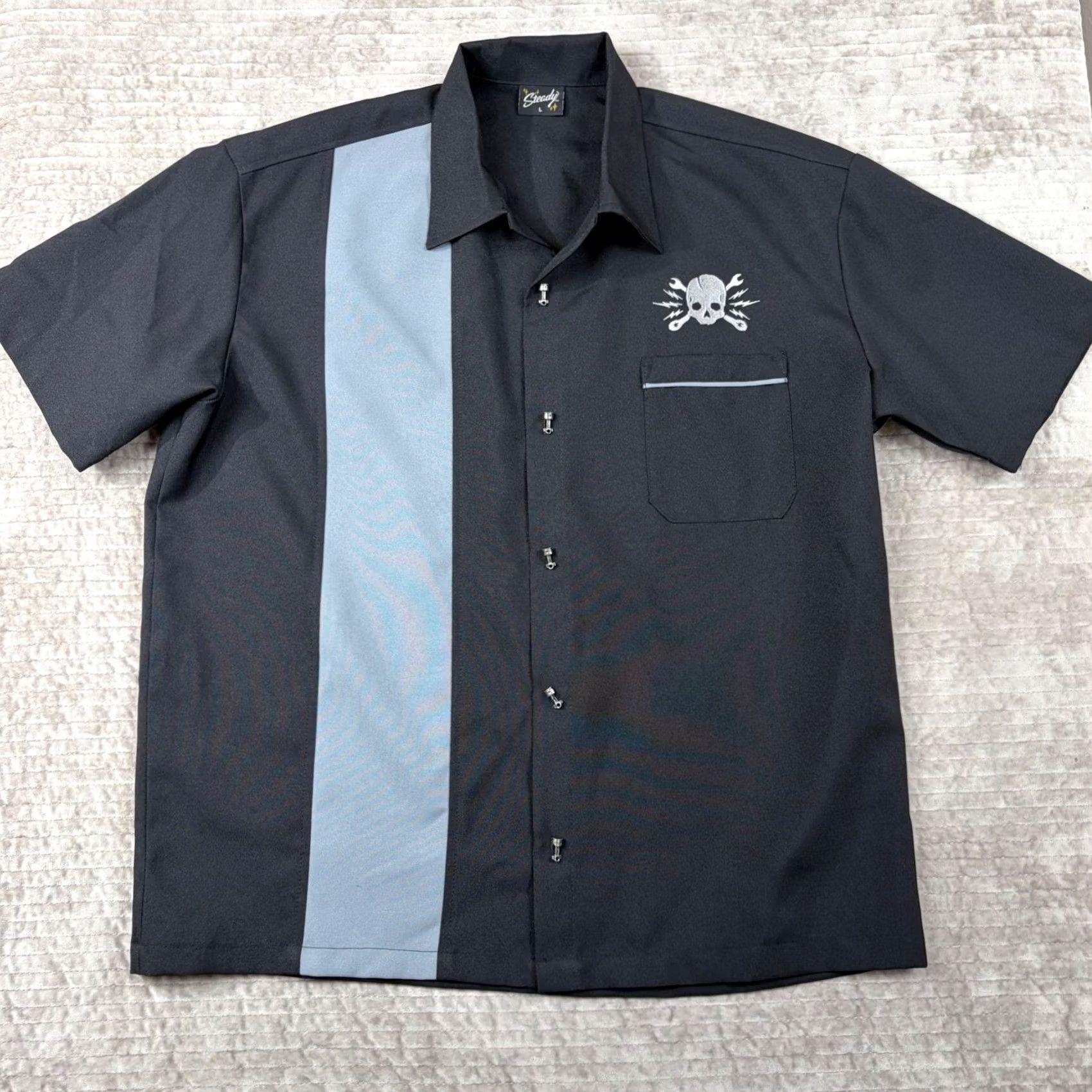 Vintage Steady Clothing Shirt Mens L Black Bowling Blue Skull Piston Buttons USA ST37092 Size US L / EU 52-54 / 3 - 2 Thumbnail