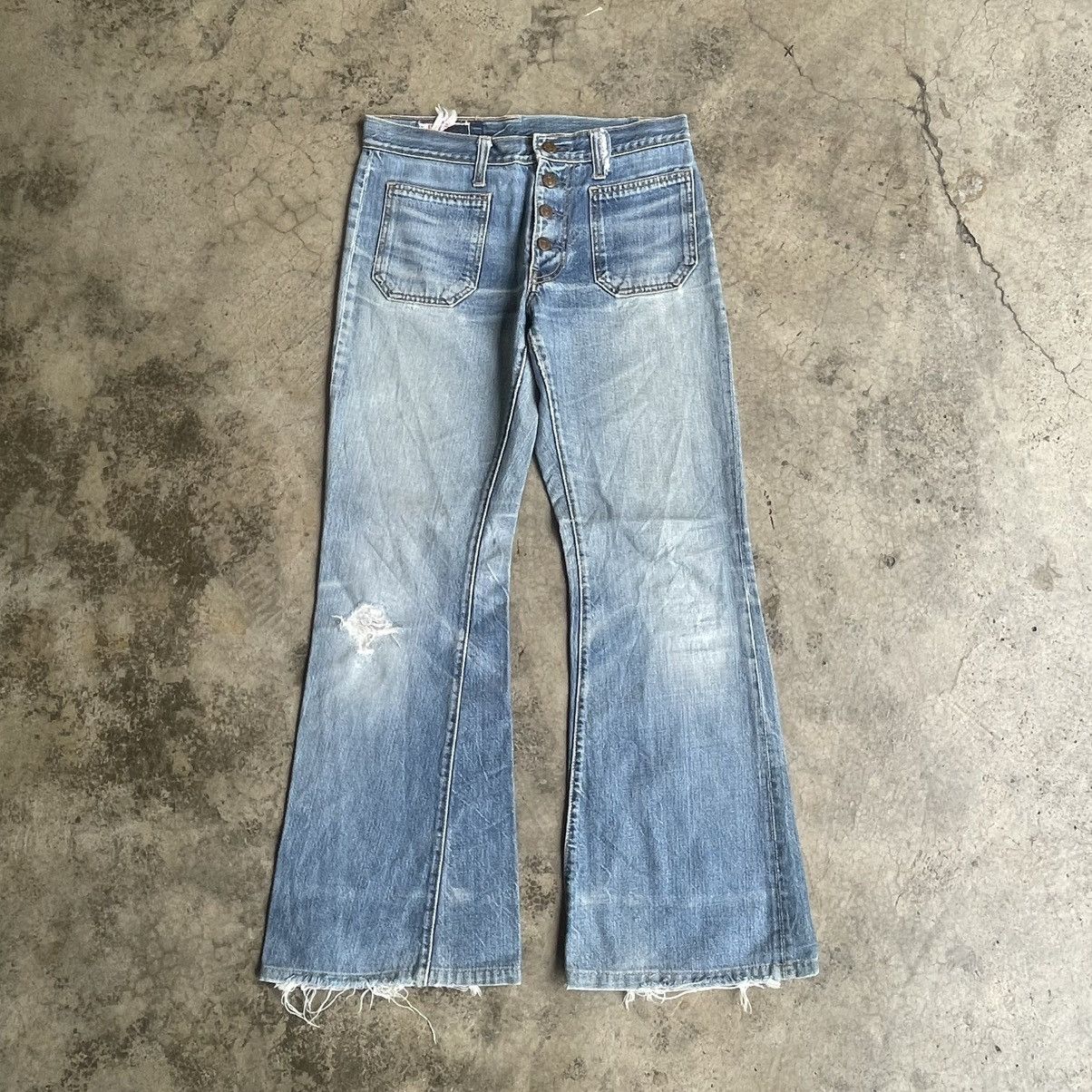 Edwin 🔥Vintage 80s Edwin Tapped Pocket Distress Flare Denim Jeans Size US 30 / EU 46 - 1 Thumbnail