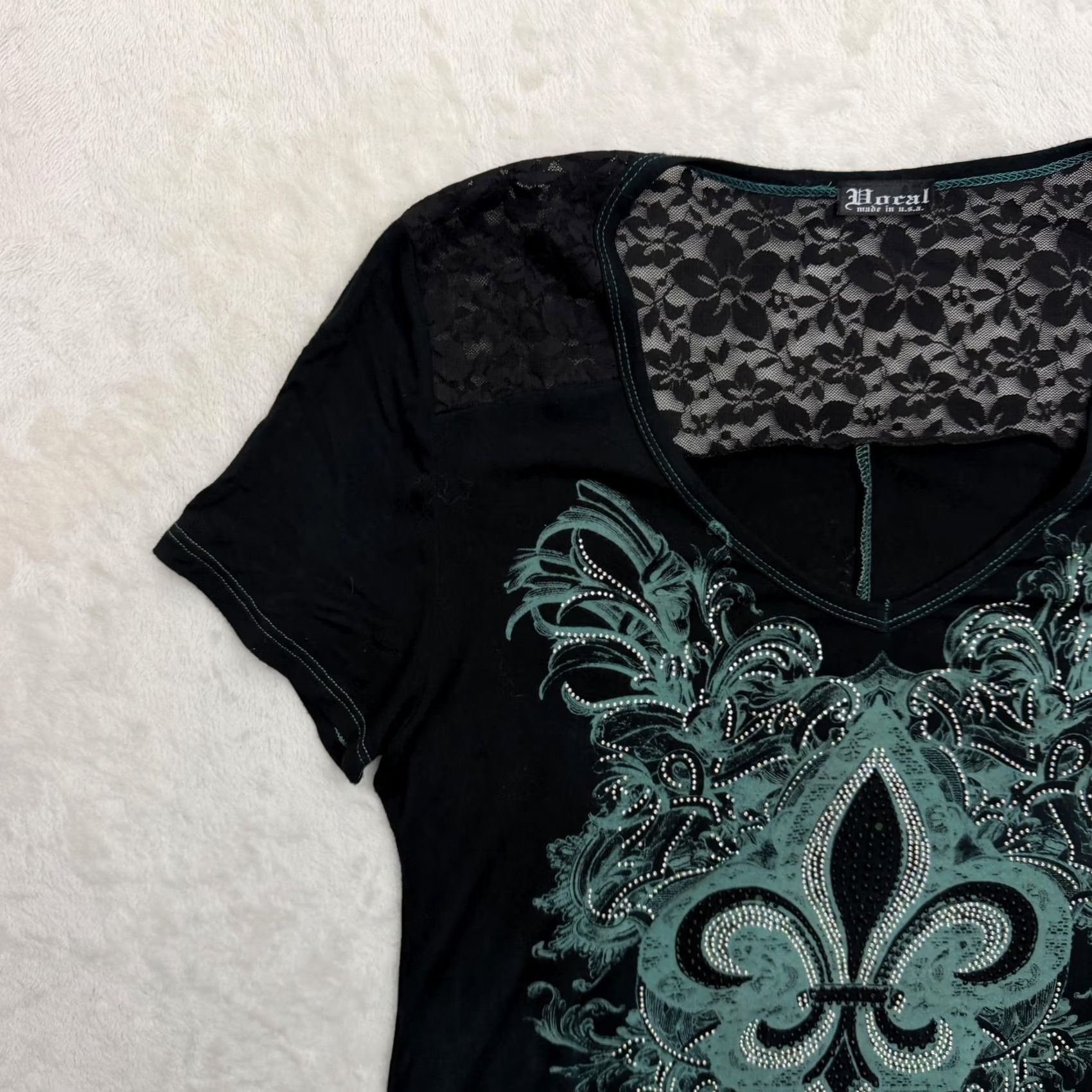 Altea Vocal Shirt Womens M Black Teal Fleur De Lis Rhinestone Tunic Top USA Shirt Womens M Black Teal Rhinestone Tunic Top USA Size M / US 6-8 / IT 42-44 - 6 Thumbnail