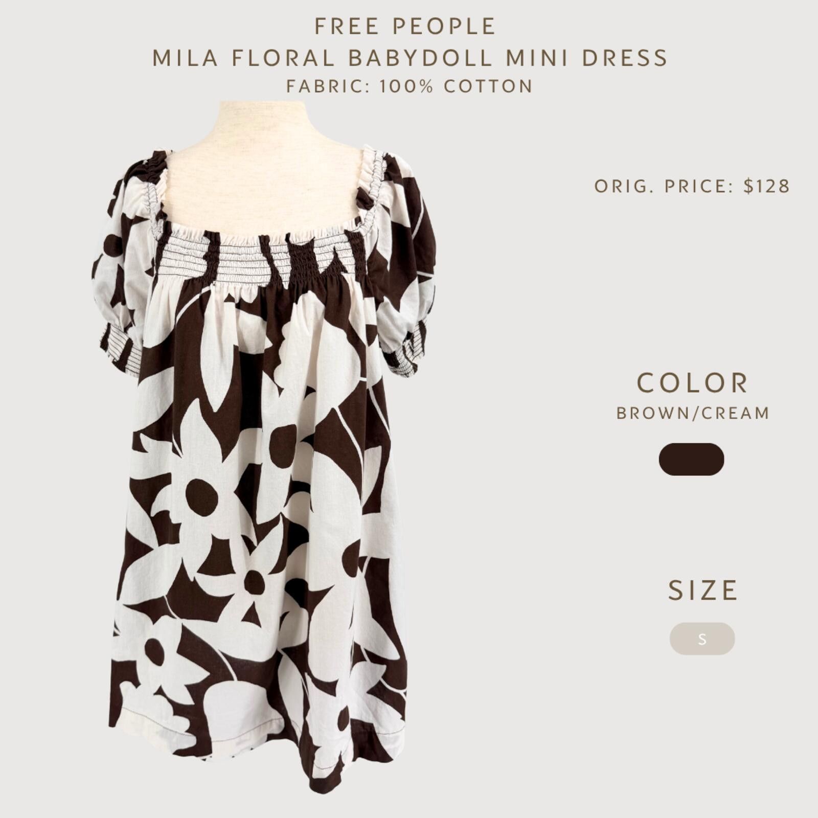 Free People Free People Floral Babydoll Mini Dress Brown Cream S Size S / US 4 / IT 40 - 2 Thumbnail