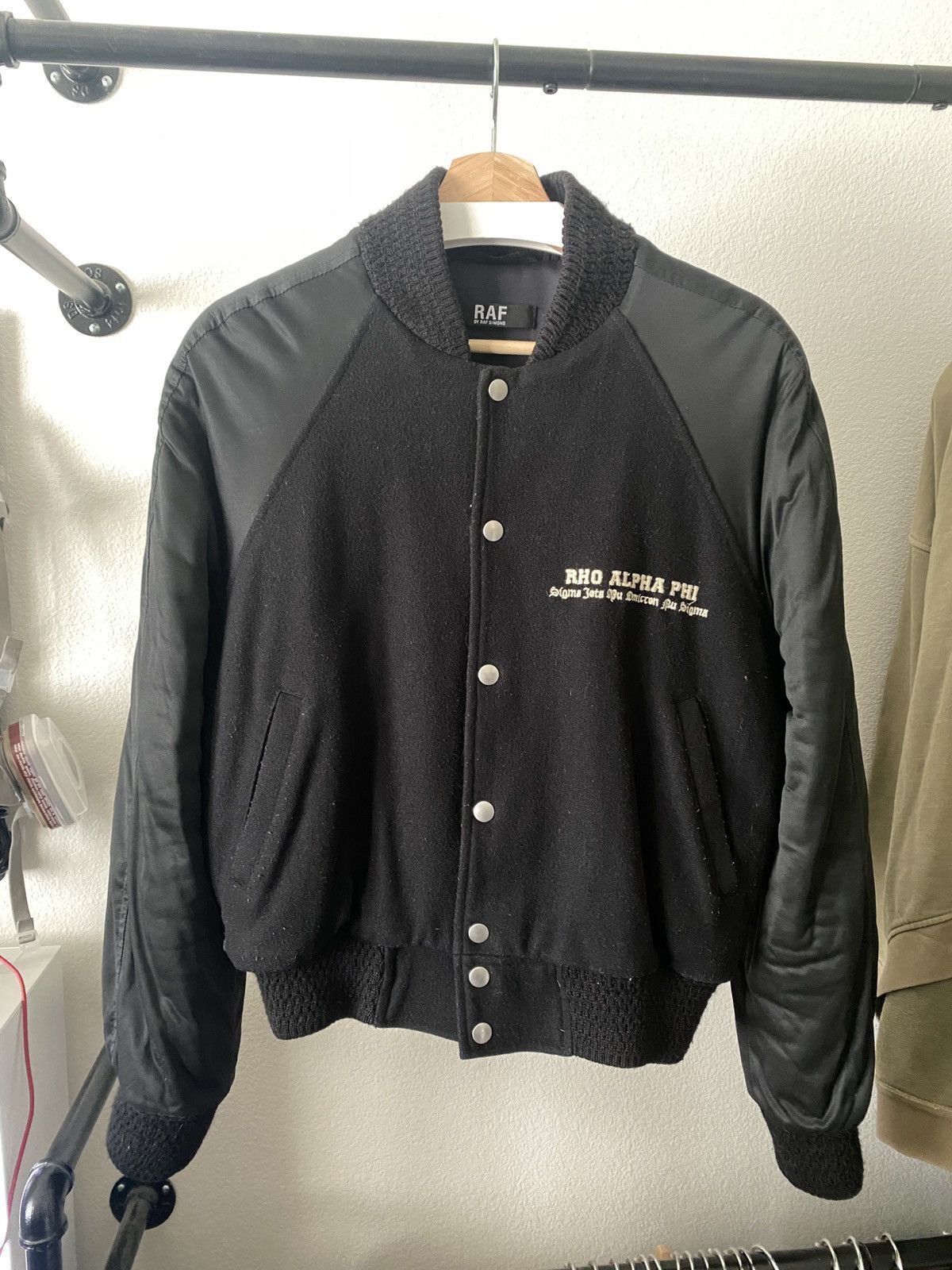 image of Raf By Raf Simons x Raf Simons Varsity Bomber 06/07 Ashes & Heros in Black, Men's (Size Small)