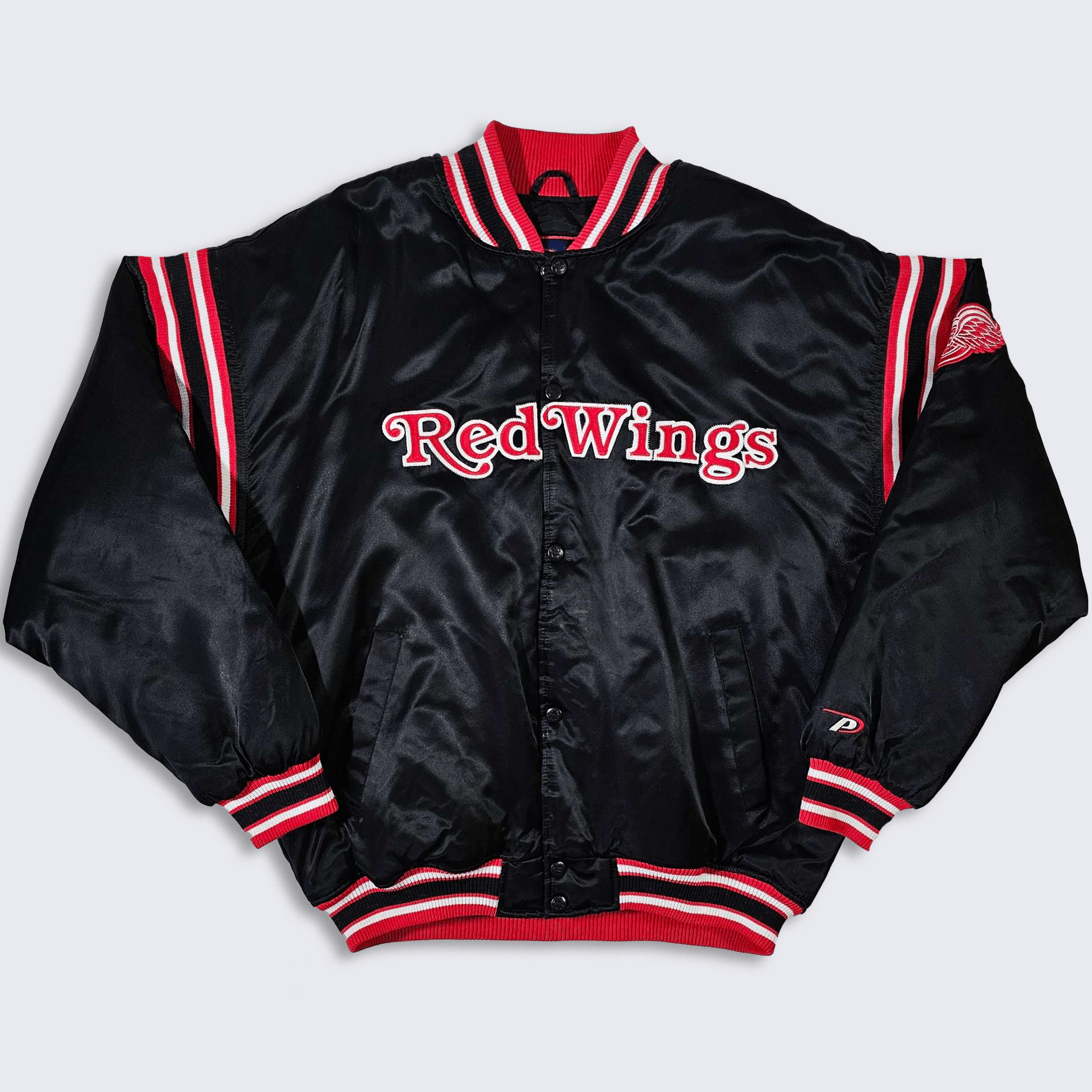 image of Nhl x Pro Player Detroit Red Wings Vintage Pro Player Satin Bomber Jacket in Black Red (Size Large)