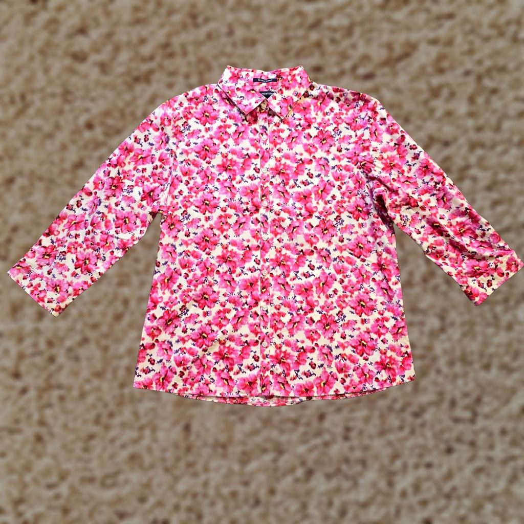 Lands' End Lands' End Top Shirt Womens 12 Pink Floral Collared Button 3/4 Sleeve Casual Blouse Size XL / US 12-14 / IT 48-50 - 1 Thumbnail