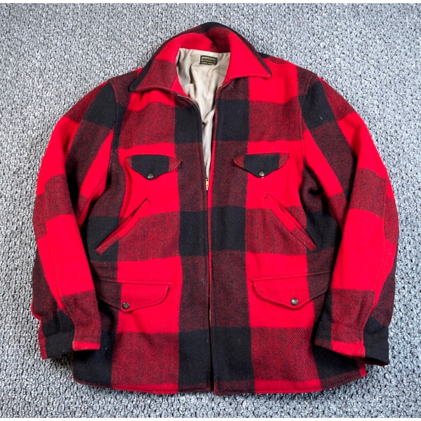 image of Vintage VTG Soo Woolen Mills Hunting Jacket Adult XL Red Black Buffalo Plaid Talon Zip in White