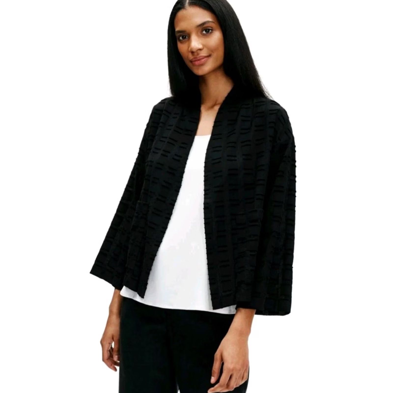 Eileen Fisher Eileen Fisher Women's Black L Cotton Woven Textured Squares Jacket Size L / US 10 / IT 46 - 2 Thumbnail