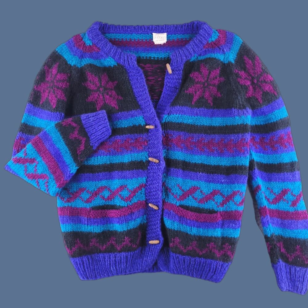 VINTAGE Nepal Sweater Womens XL 100% Wool Cardigan Geometric Blue Multicolor 80s? Woolen Knit