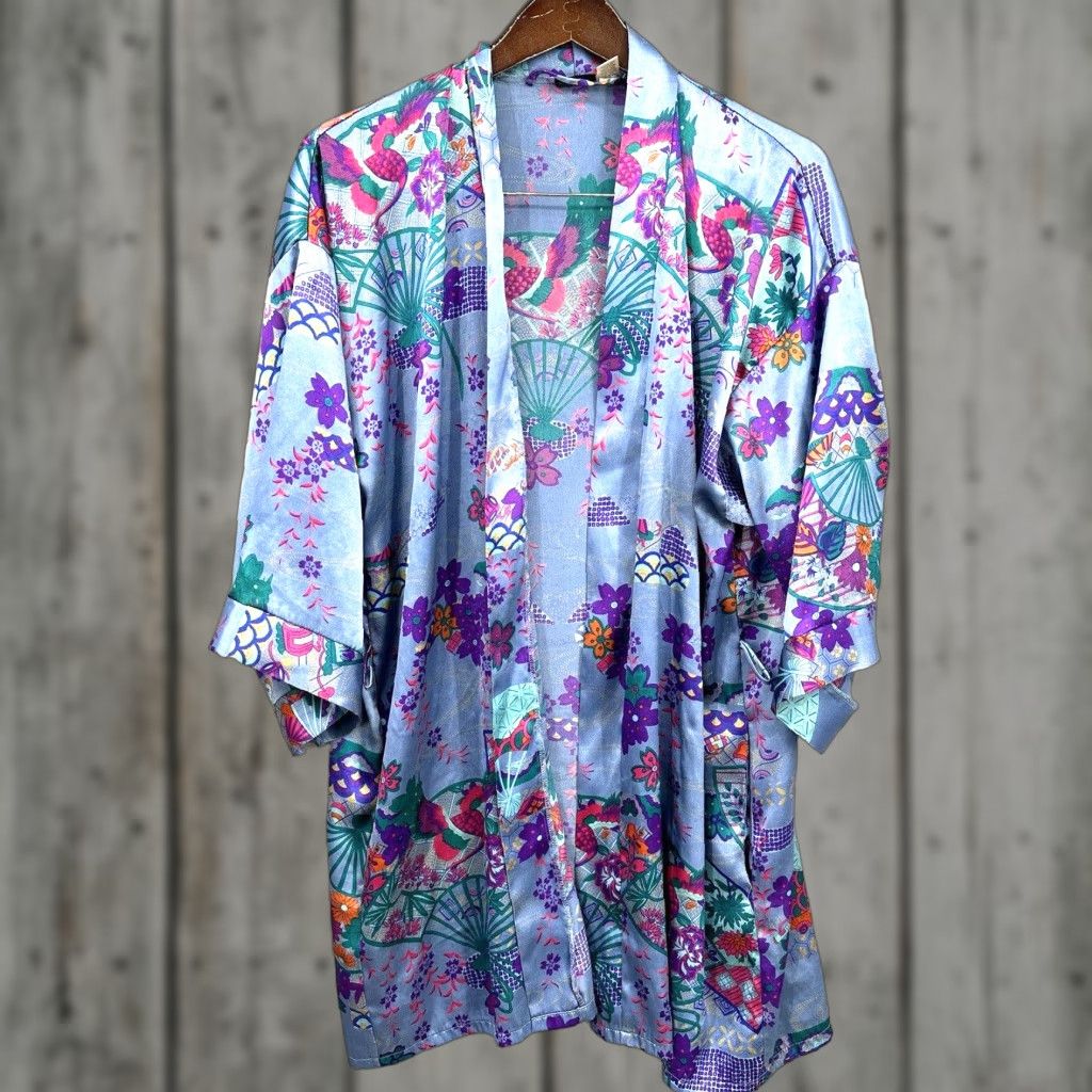 Vintage VINTAGE Fredericks Of Hollywood Robe Womens One Size Blue Satin Kimono Boho Floral y2k READ Size ONE SIZE - 1 Thumbnail