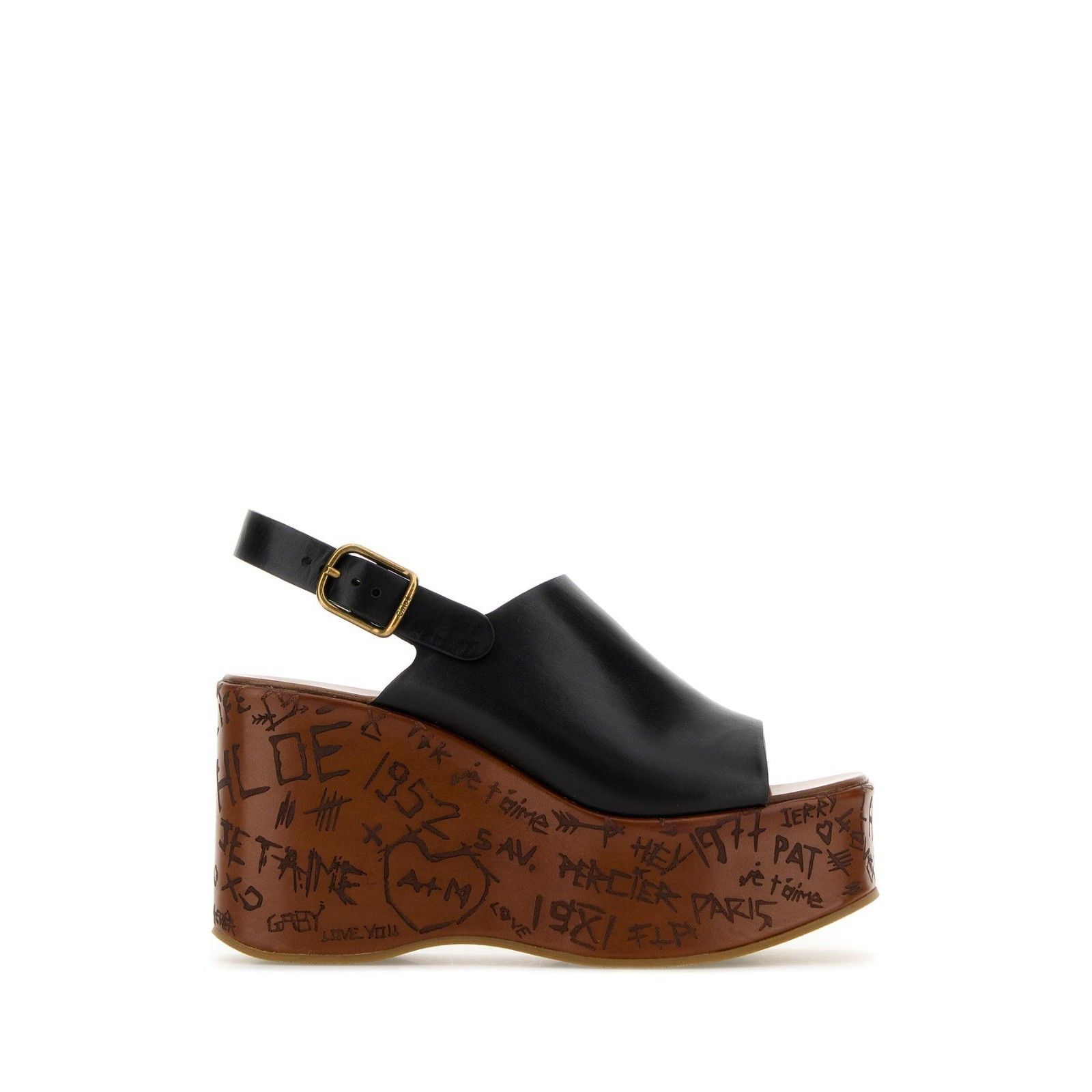 CHLOE Maxime Platfrorm Black Leather 80mm Heel Wedges Sandal
