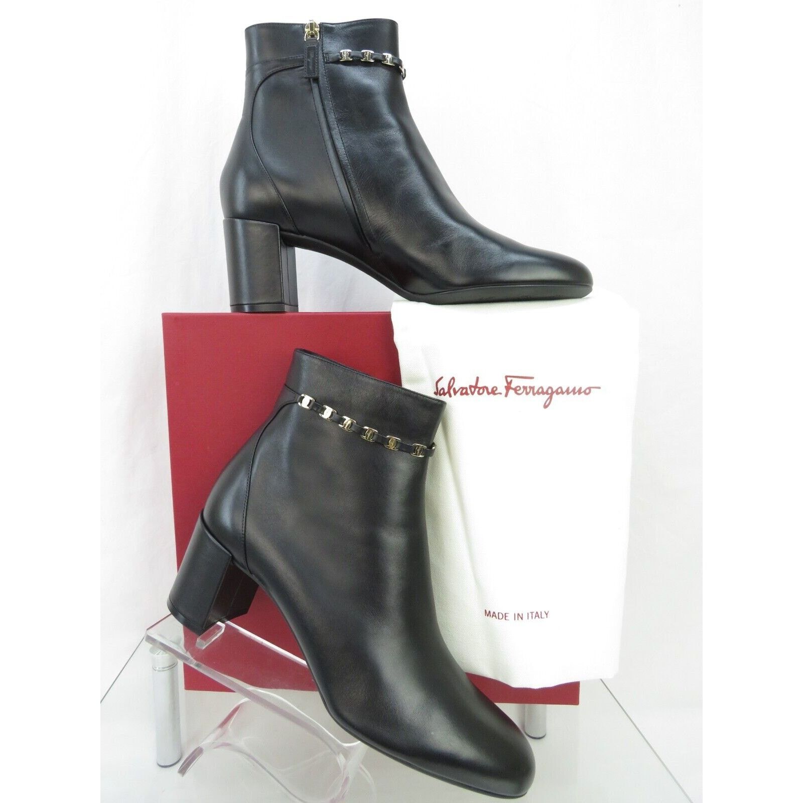 Salvatore Ferragamo GHILA BLACK LEATHER GANCINI CHAIN ZIP HEEL ANKLE BOOTS 11 C Size US 11 / IT 41 - 2 Thumbnail