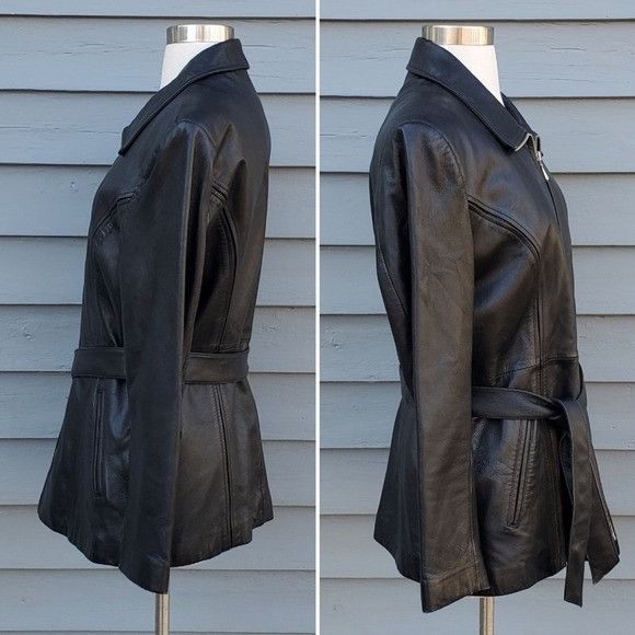 Vintage × Wilsons Leather Vintage 90s y2k Wilson's Black Leather Mid Length Belt Coat Size M / US 6-8 / IT 42-44 - 2 Thumbnail