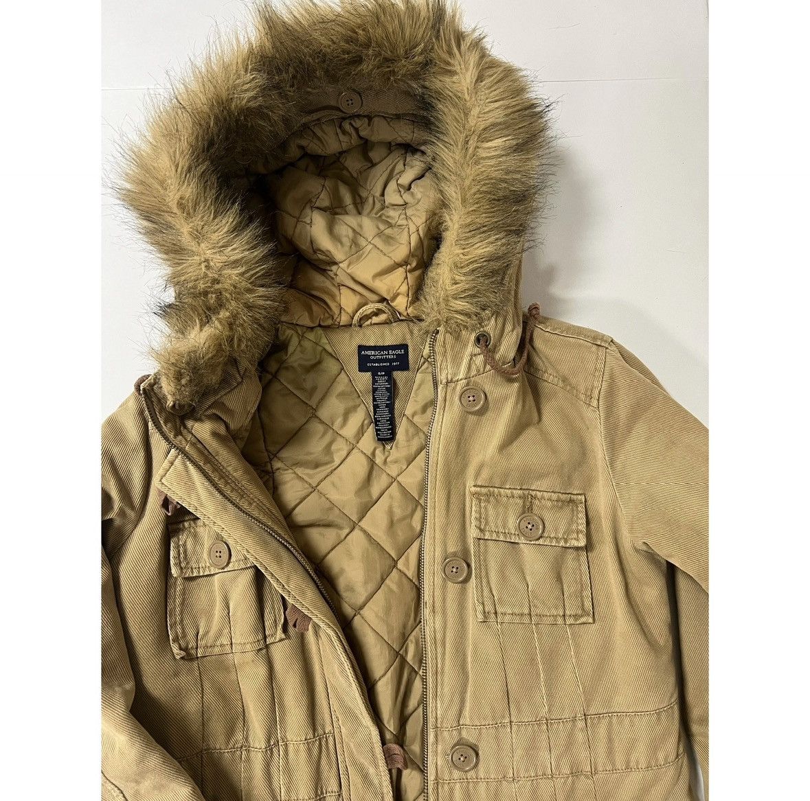 American Eagle Outfitters Brown Beige Fur Cargo Winter Jacket Coat Outerwear Size S ✨ Size S / US 4 / IT 40 - 6 Thumbnail