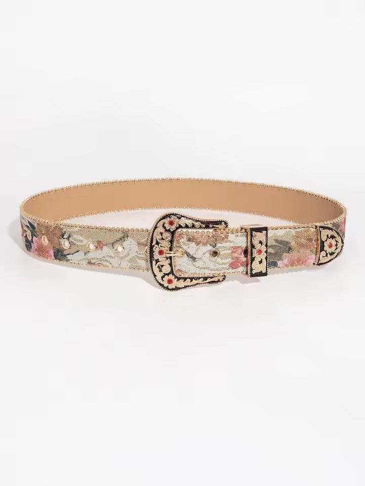Japanese Brand Western Floral Tapestry Belt - Gold Ornate Buckle 112 cm Size 32 - 2 Thumbnail