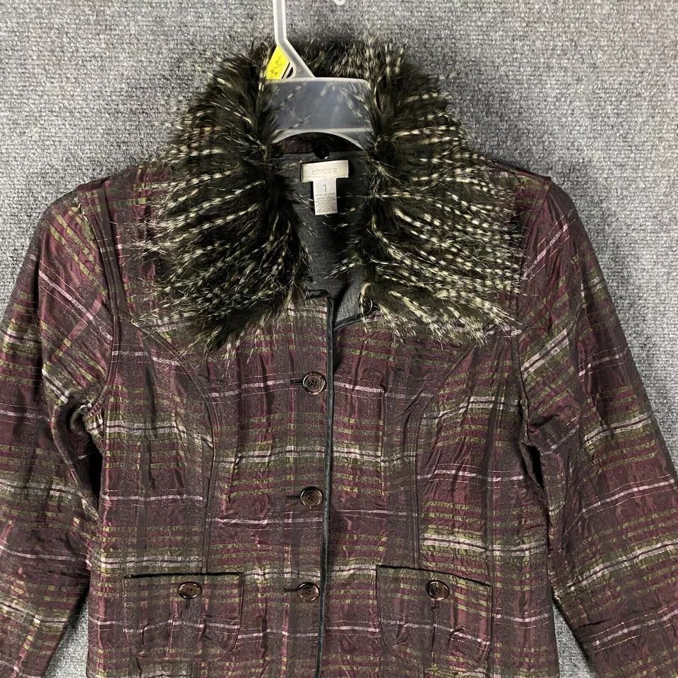 Chicos Chico's Coat Women's Size 1 Fur Collar Lined Striped Size XS / US 0-2 / IT 36-38 - 2 Thumbnail