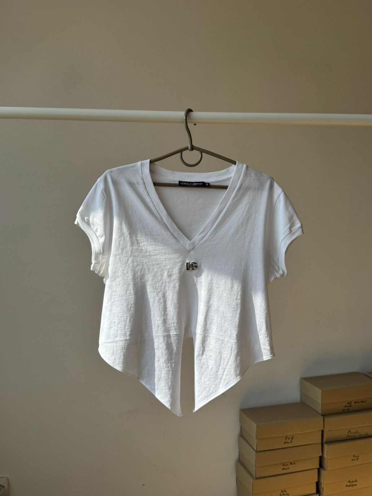Dolce & Gabbana Dolce & Gabbana White Cropped Tie-Front Top Size XL / US 12-14 / IT 48-50 - 2 Thumbnail