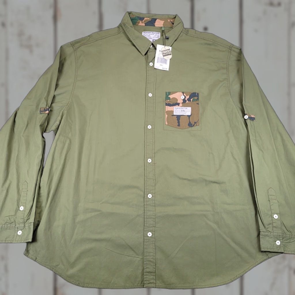 Vintage VINTAGE PARISH COLLECTION Olive Green Camo Long Sleeve Button-Up Shirt 5XL Mens Size US XXL / EU 58 / 5 - 1 Thumbnail
