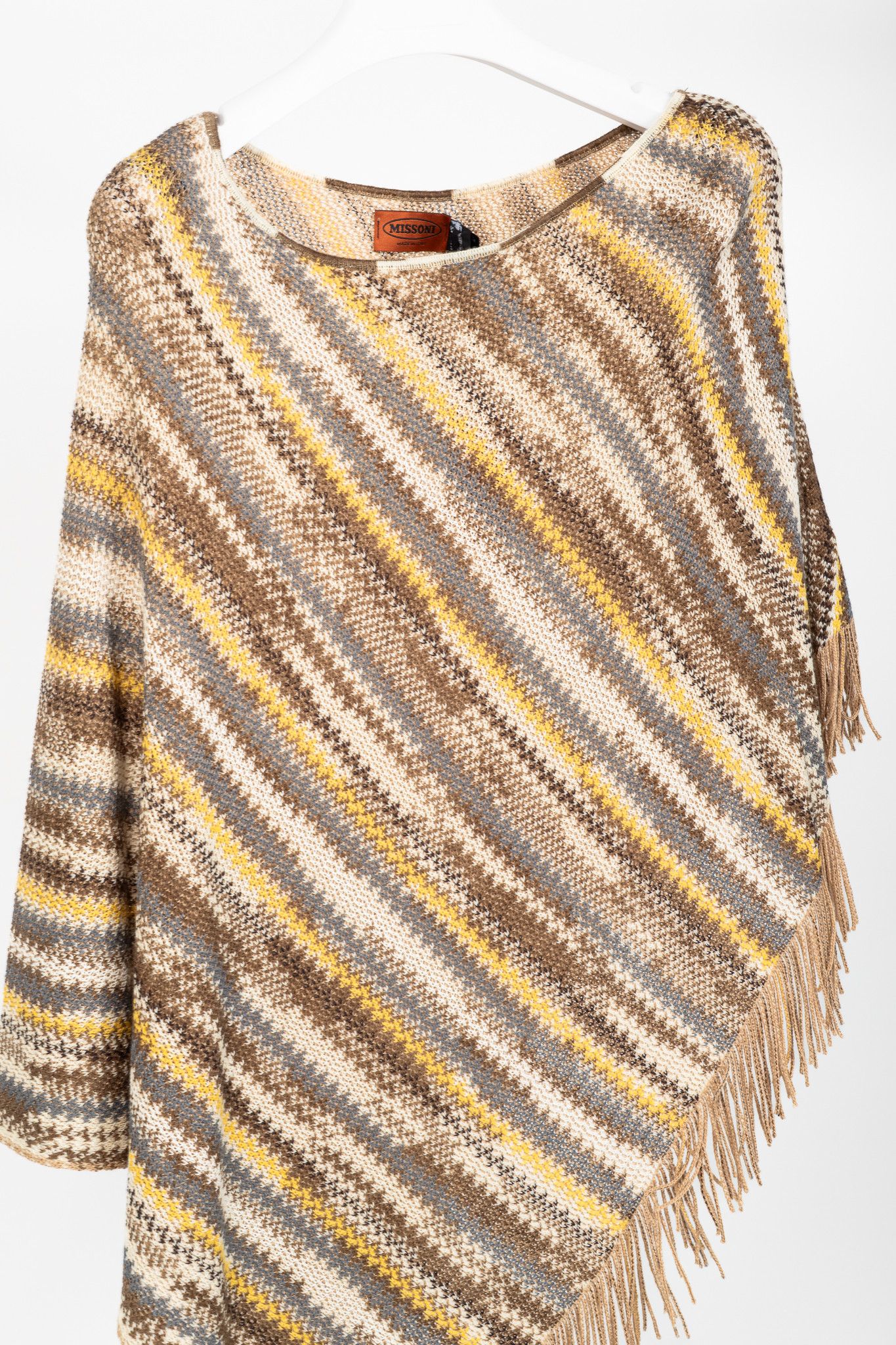 Missoni Missoni Brown & Yellow Wool-Blend Striped Knit Fringe Poncho Size ONE SIZE - 3 Thumbnail