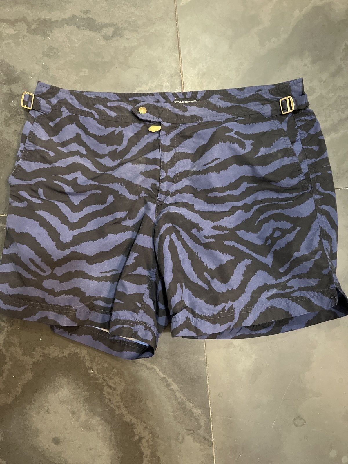 image of Tom Ford Camouflage-Pattern Swim Shorts in Blue, Men's (Size 32)