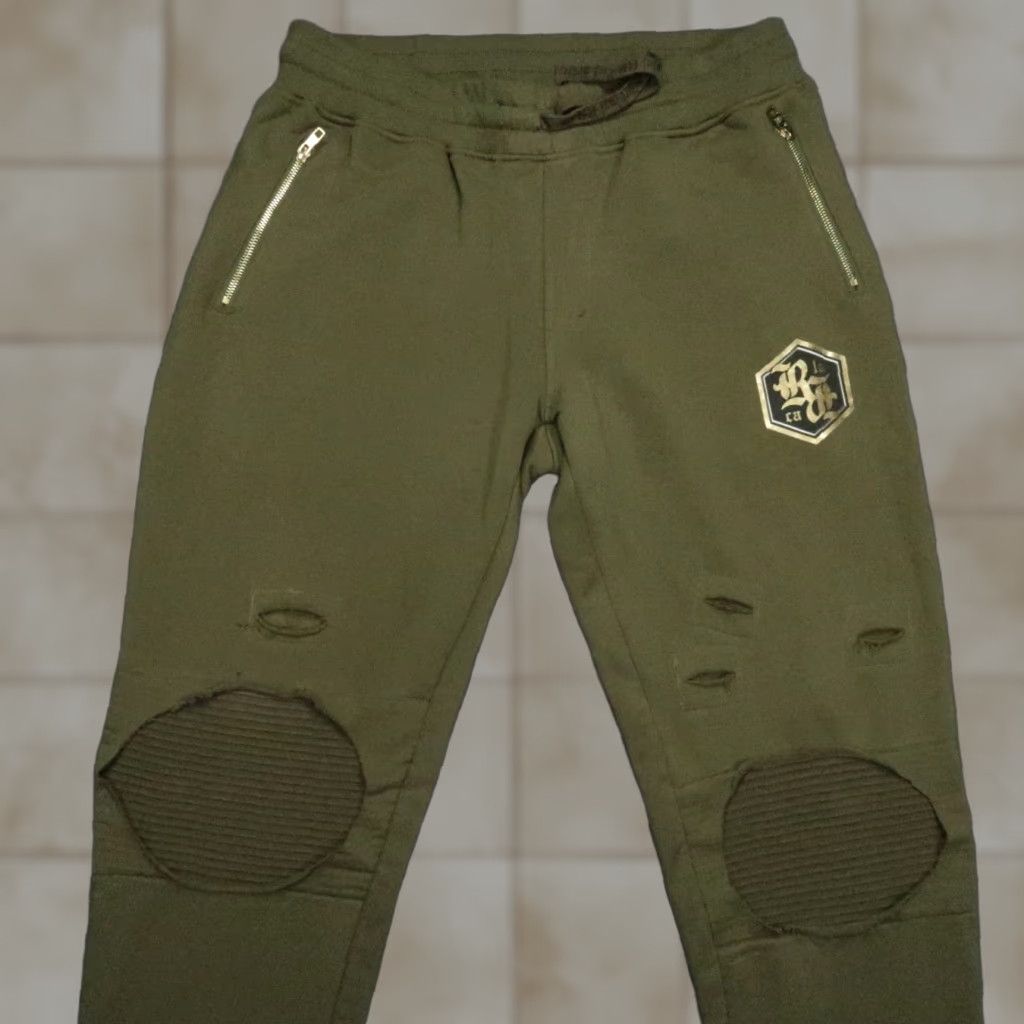 Vintage Rock Revival Pants Men L Green Jogger Sweat Distressed Athletic Zip Pocket Pockets 34 In Inseam Size US 33 - 1 Thumbnail