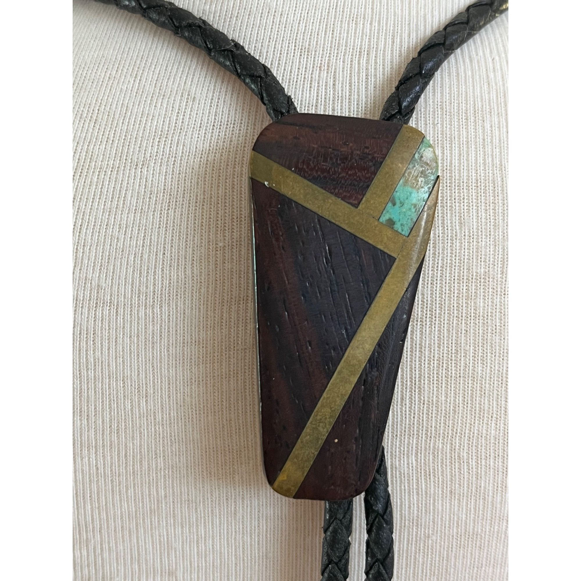 Other Handcrafted Wood & Brass Bolo Tie With Turquoise Inlay Size 36 - 3 Thumbnail