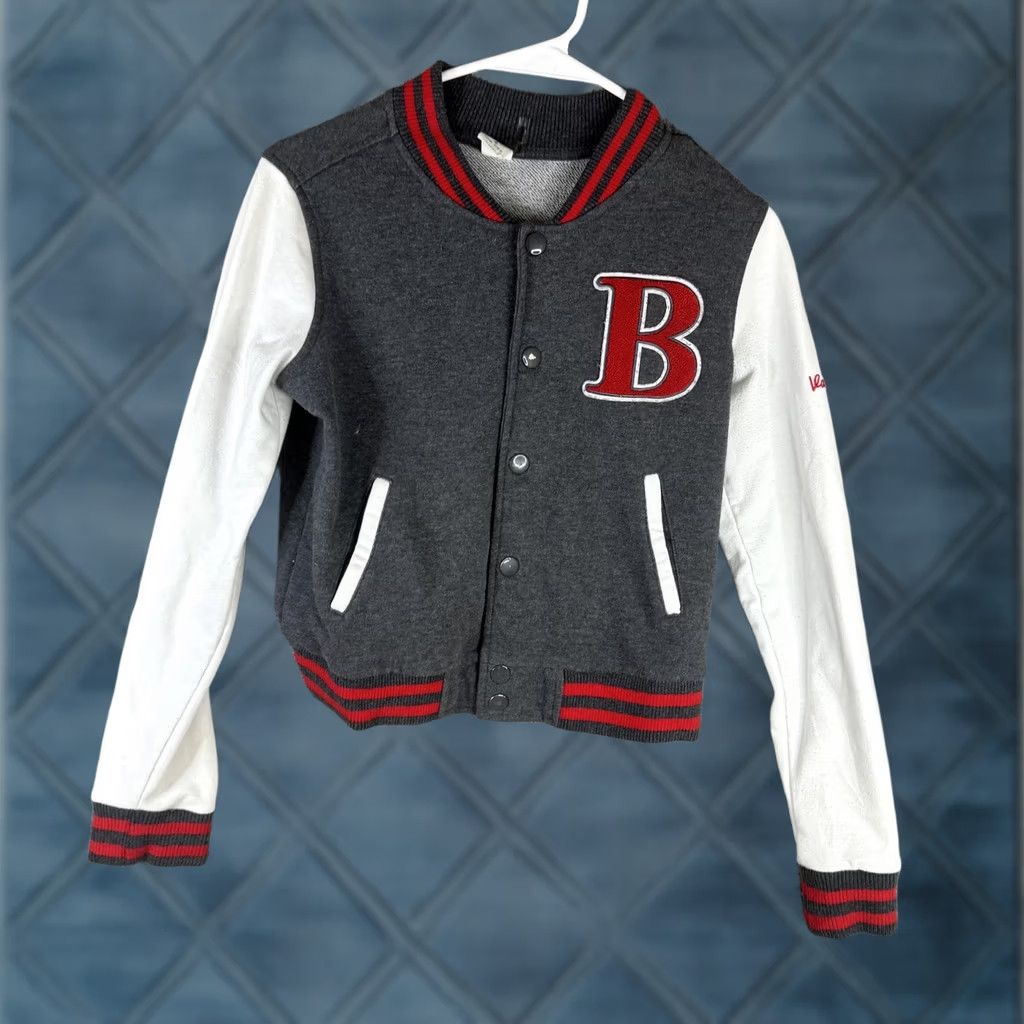 Vintage Love Tree Varsity Jacket Juniors M Gray White Letter B Snap Front Fleece Size M / US 6-8 / IT 42-44 - 1 Thumbnail