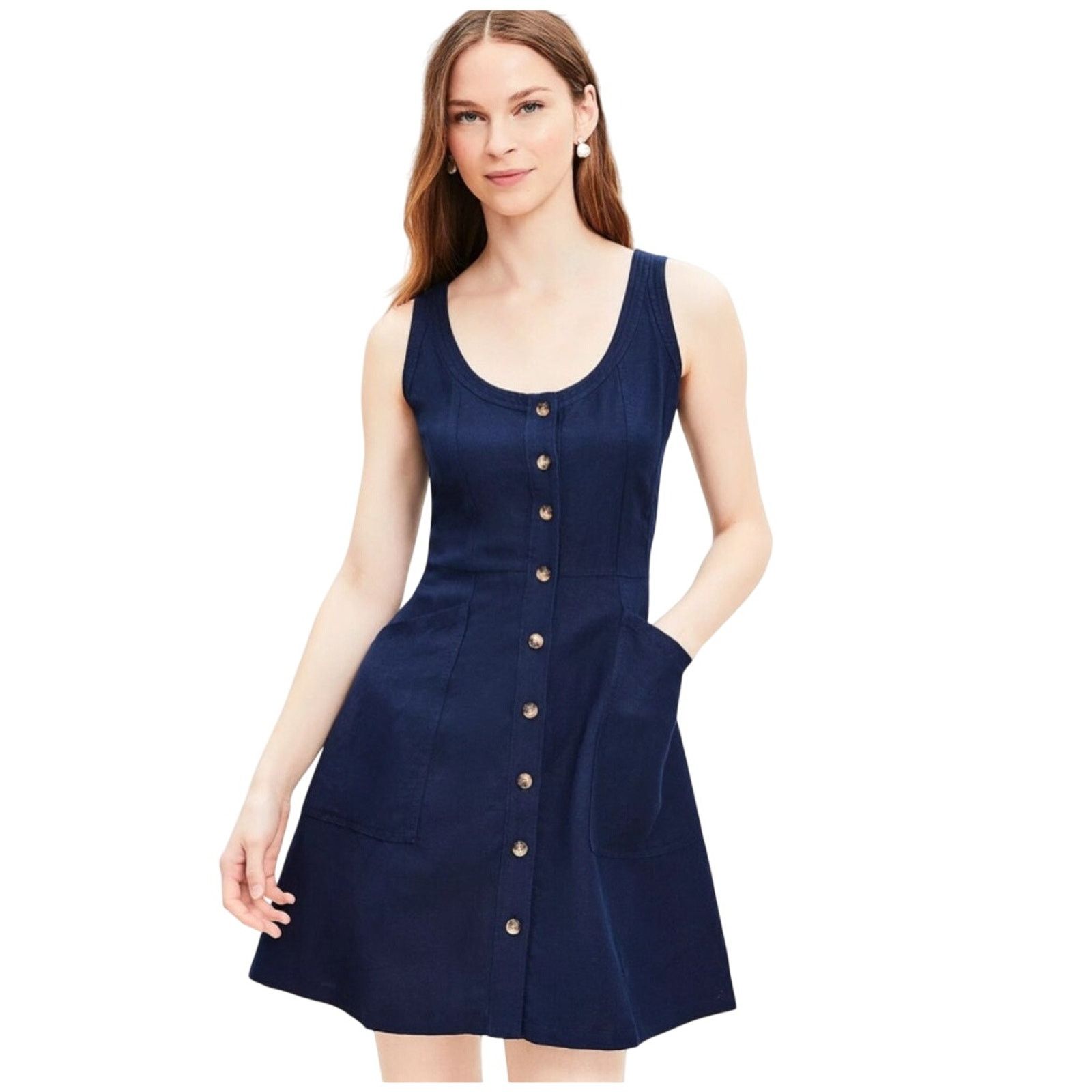 Loft Loft Navy Button Down Dress Sleeveless Woven Linen Scoop Size M / US 6-8 / IT 42-44 - 1 Thumbnail