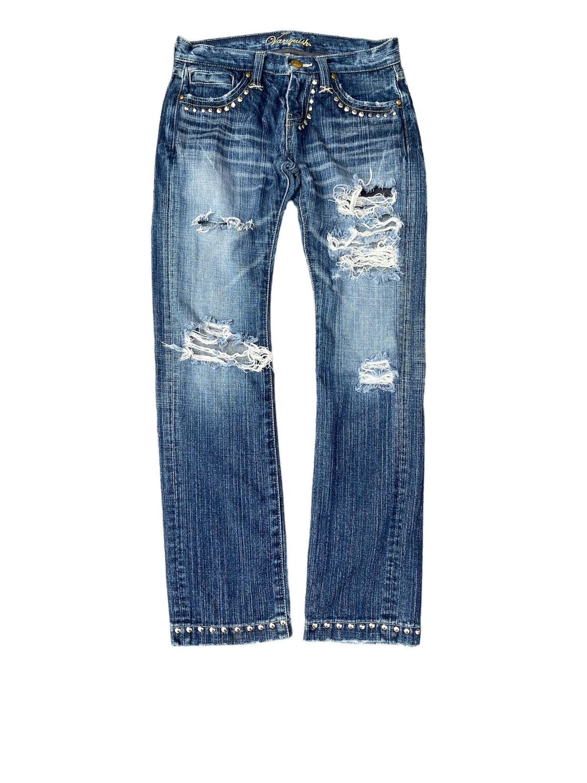 image of Vanquish Gold Distressed Studded Jeans in Blue, Women's (Size 29)