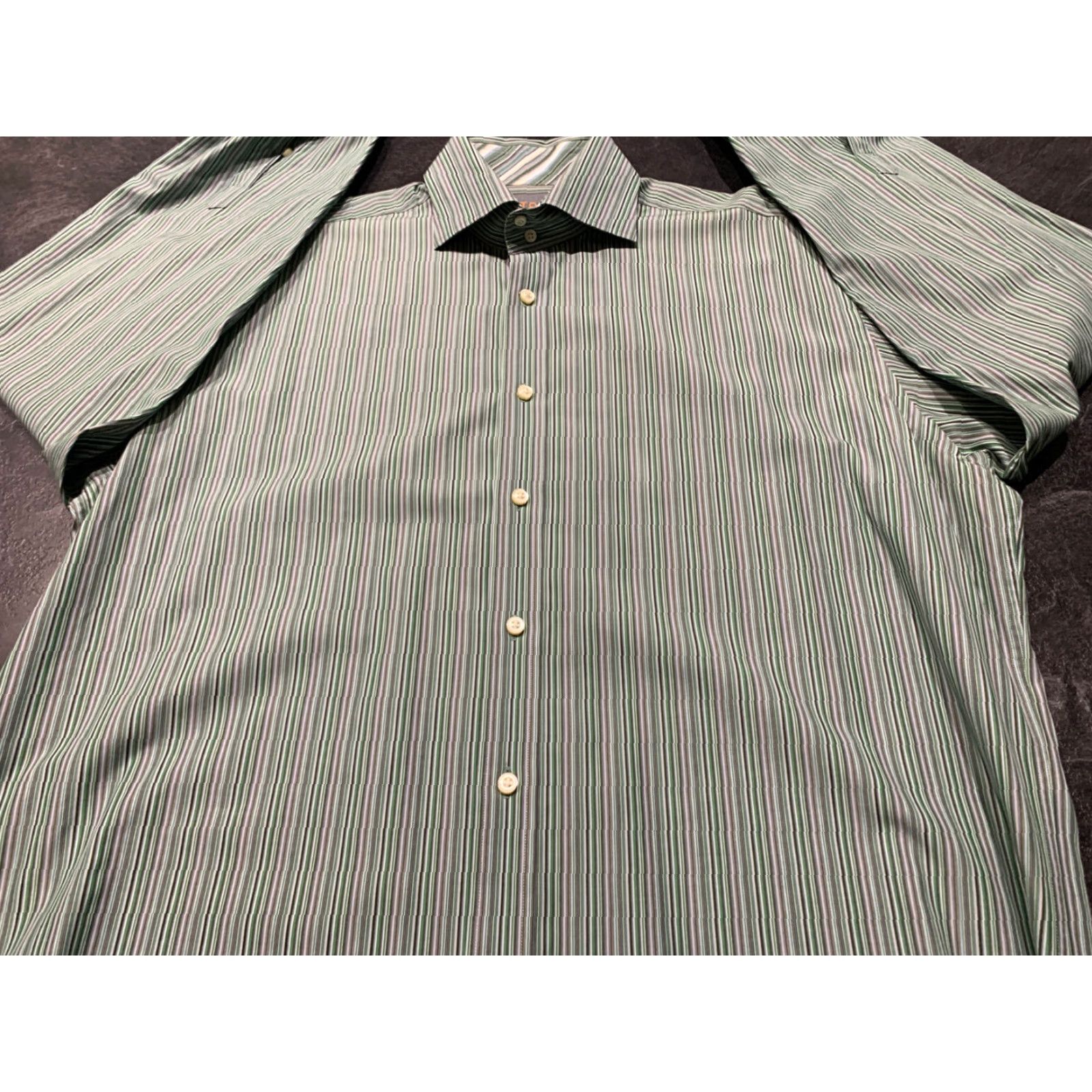 Vintage THOMAS DEAN Striped Cotton Dress Shirt Red Large Long Sleeve Casual Mens Size 42R - 2 Thumbnail