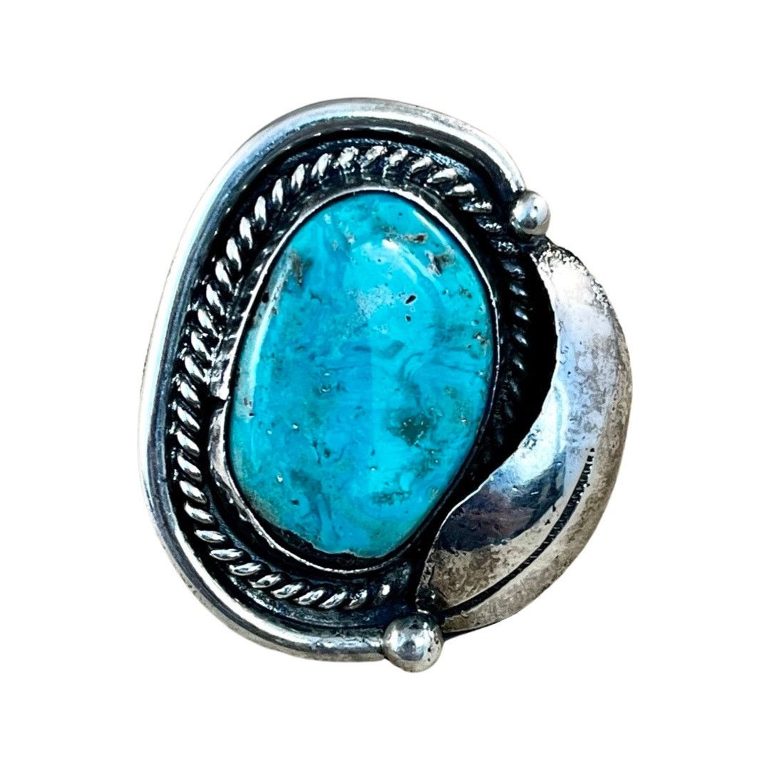 image of Vintage Blue Turquoise Sterling Silver Navajo Ring Size 4.5, Women's