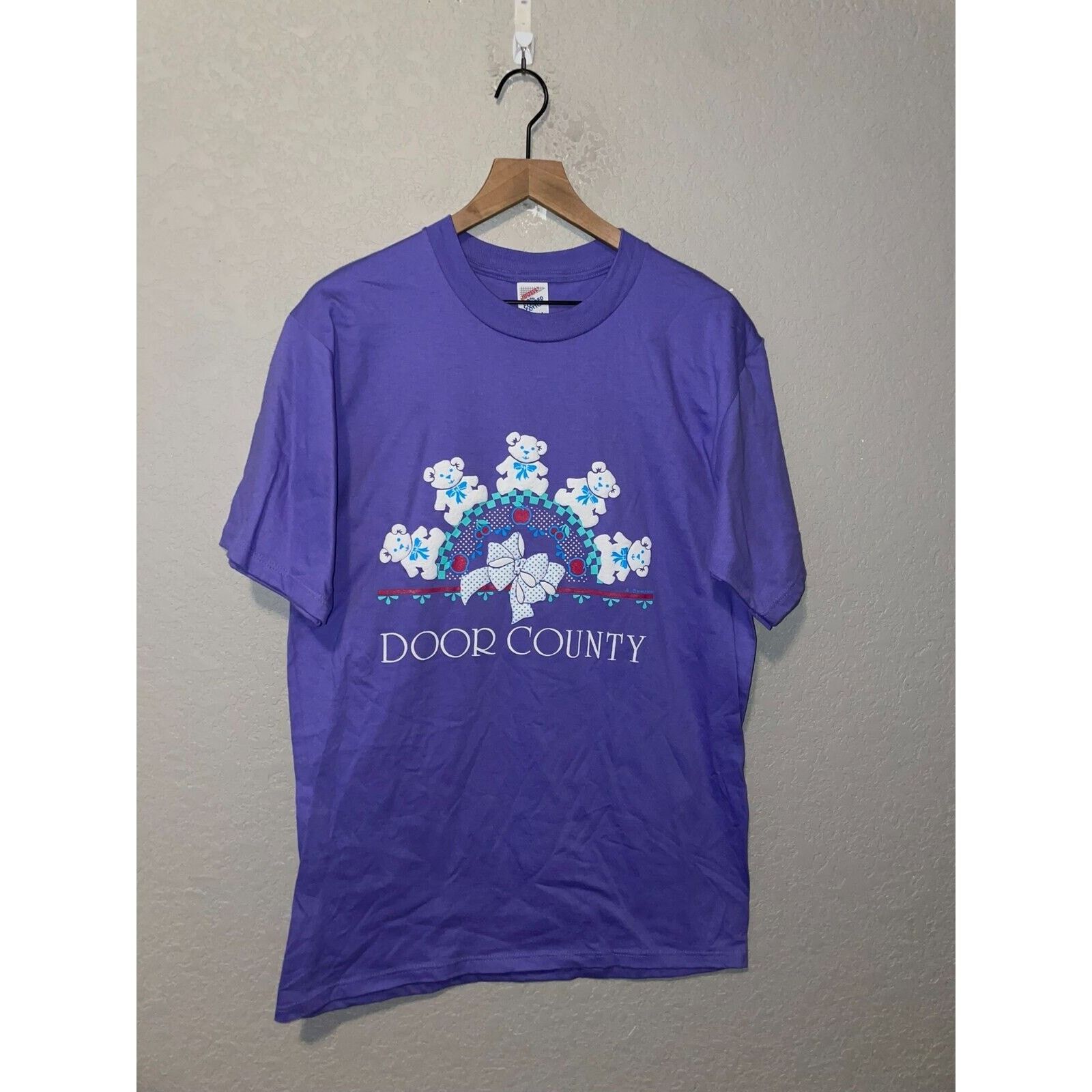 Jerzees Vintage Door County Shirt Teddy bear Purple Tee VTG 90s L Size US L / EU 52-54 / 3 - 1 Thumbnail