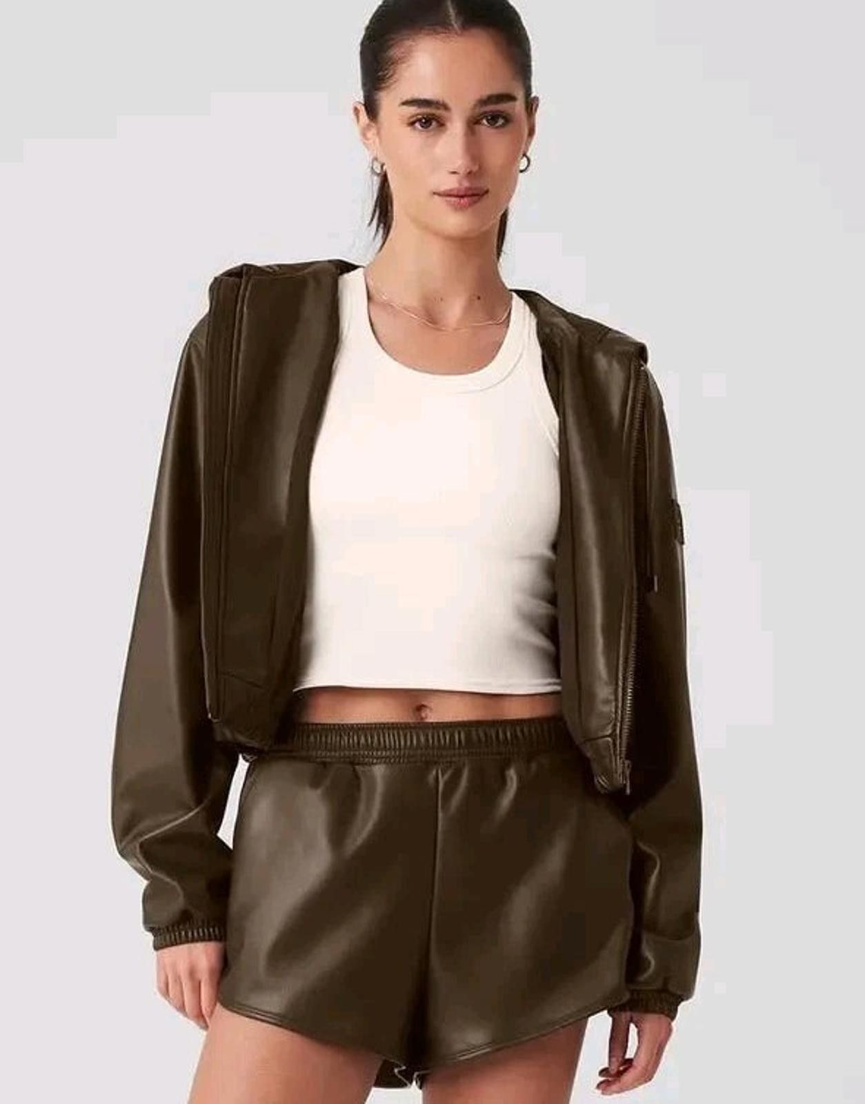 Alo Alo Yoga Faux Leather Power Hour Shorts Size Large Brown NWT Size 36" / US 14 / IT 50 - 1 Thumbnail