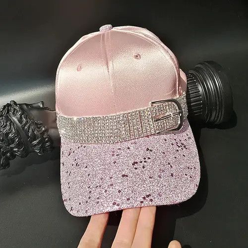 Jewelry 529Pink Satin Glitter Baseball Cap with Rhinestone Belt Size ONE SIZE - 2 Thumbnail