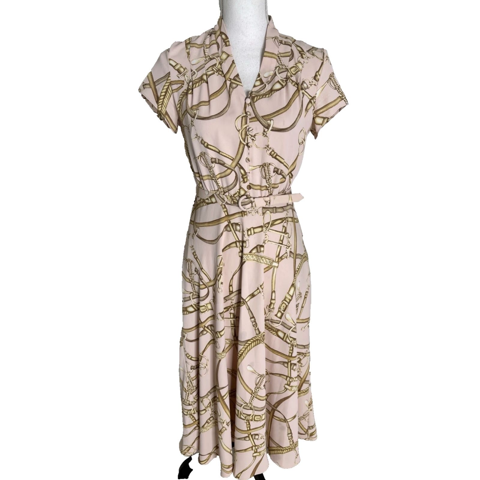 Ralph Lauren VINTAGE Lauren Ralph Lauren Dress Short Sleeve Midi Women 2 XS Round Neck Zip A-Line Brown Geometric 41" Length Women Size 26" / US 2 / IT 38 - 2 Thumbnail